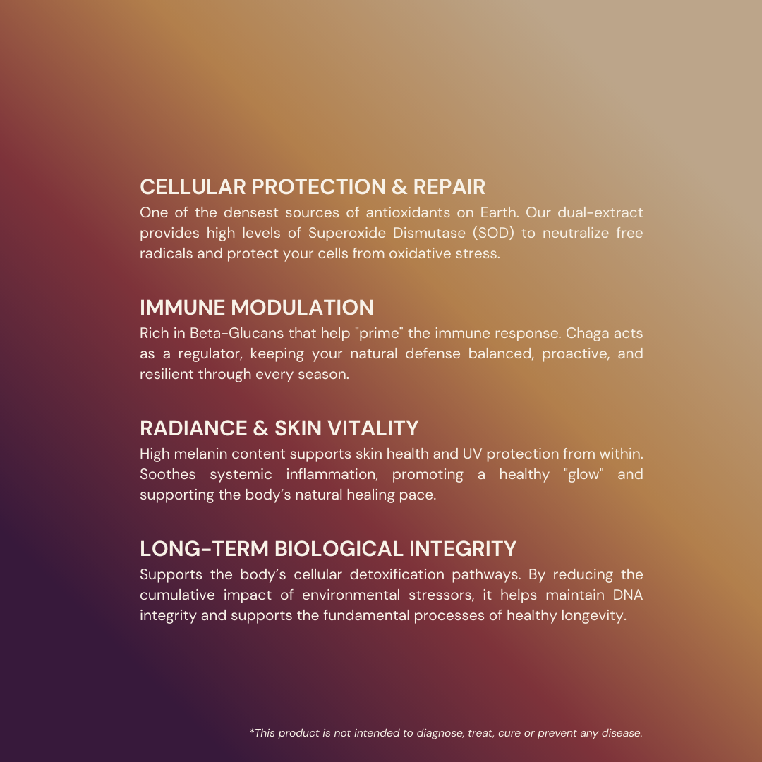 Text detailing the benefits of a natural product for cellular protection, immune modulation, radiance, skin vitality, and long-term biological integrity on a gradient background.