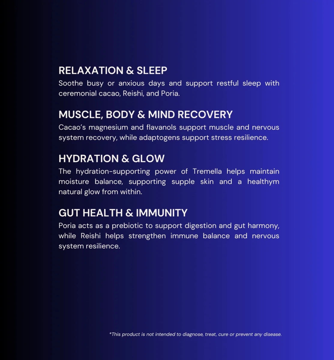 MOGU Cacao benefits of different natural products for relaxation, sleep, muscle recovery, hydration, and gut health on a blue background.