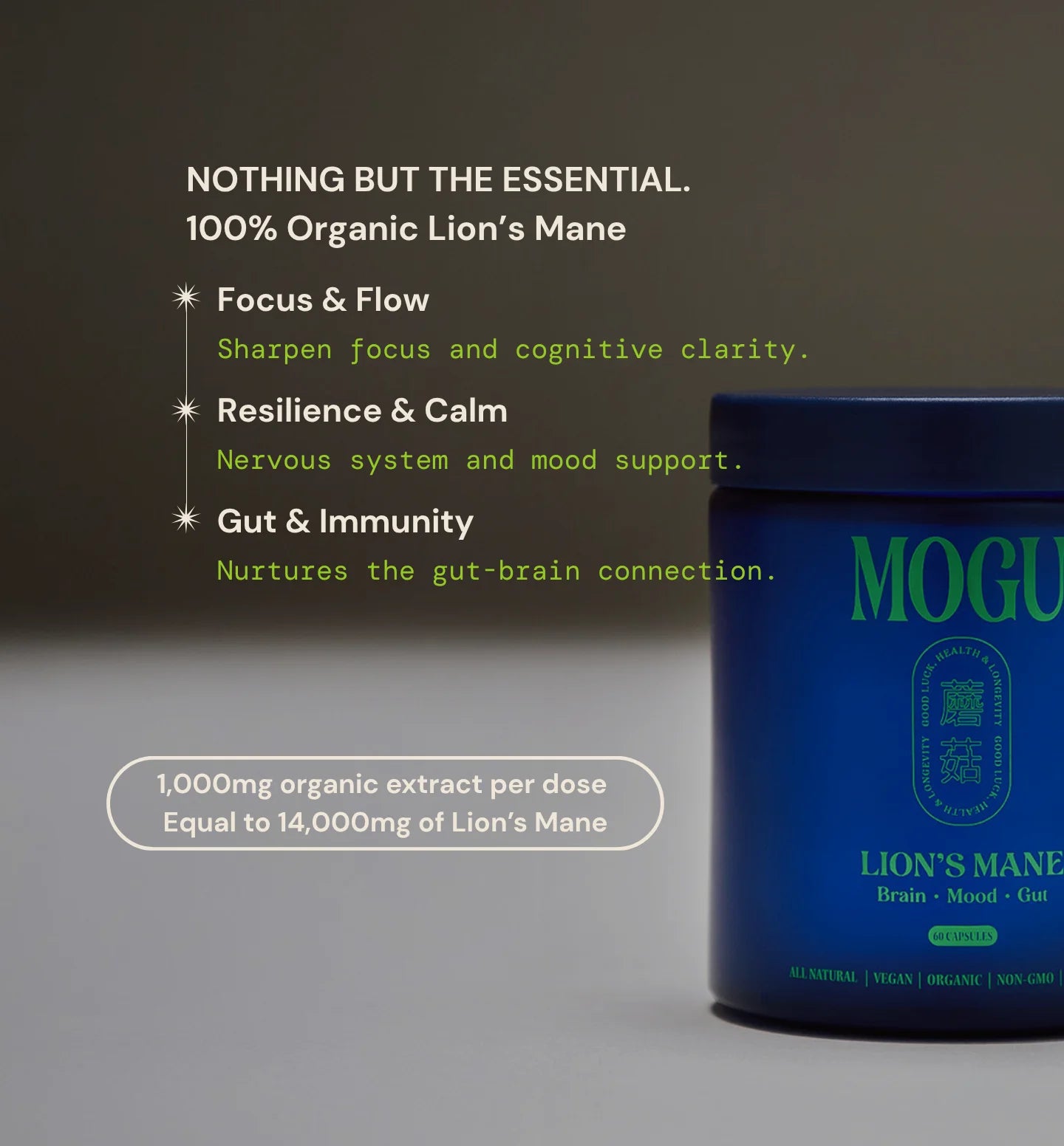 MOGU Lion's Mane capsules in blue container with benefits for focus, flow, resilience, calm mood, gut and immunity on a gray background