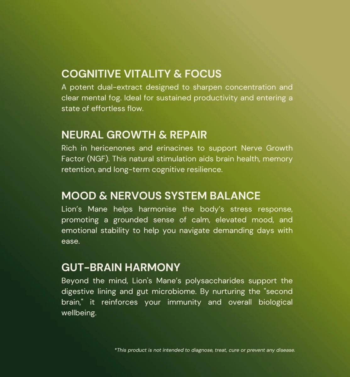 MOGU Lion's Mane benefits for mood, cognitive, brain, gut benefits on a green background
