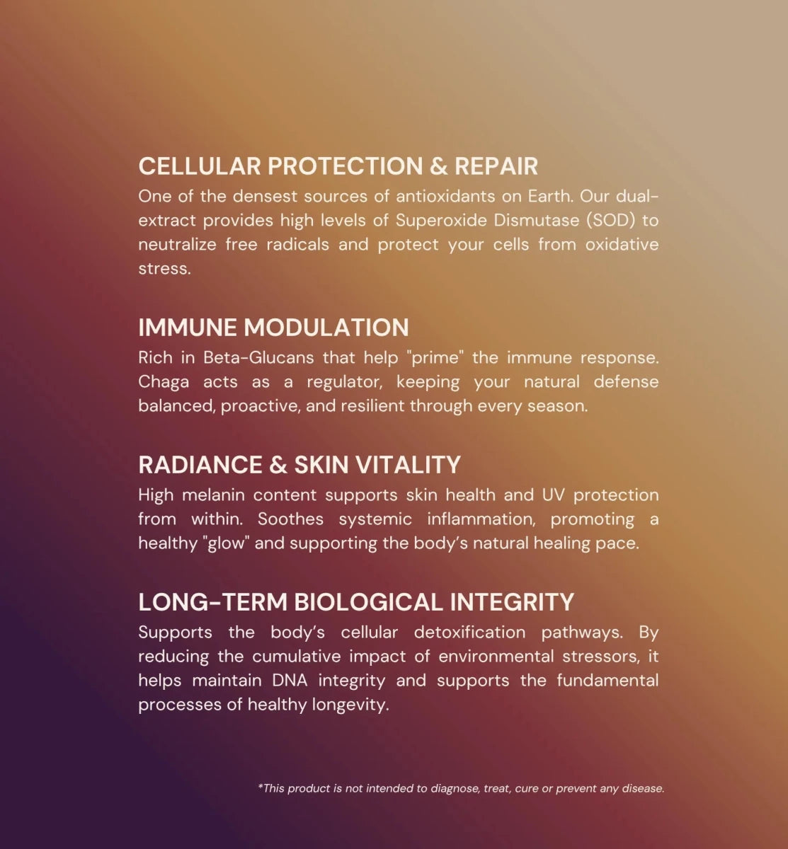 Text detailing the benefits of a natural product for cellular protection, immune modulation, radiance, skin vitality, and long-term biological integrity on a gradient background.