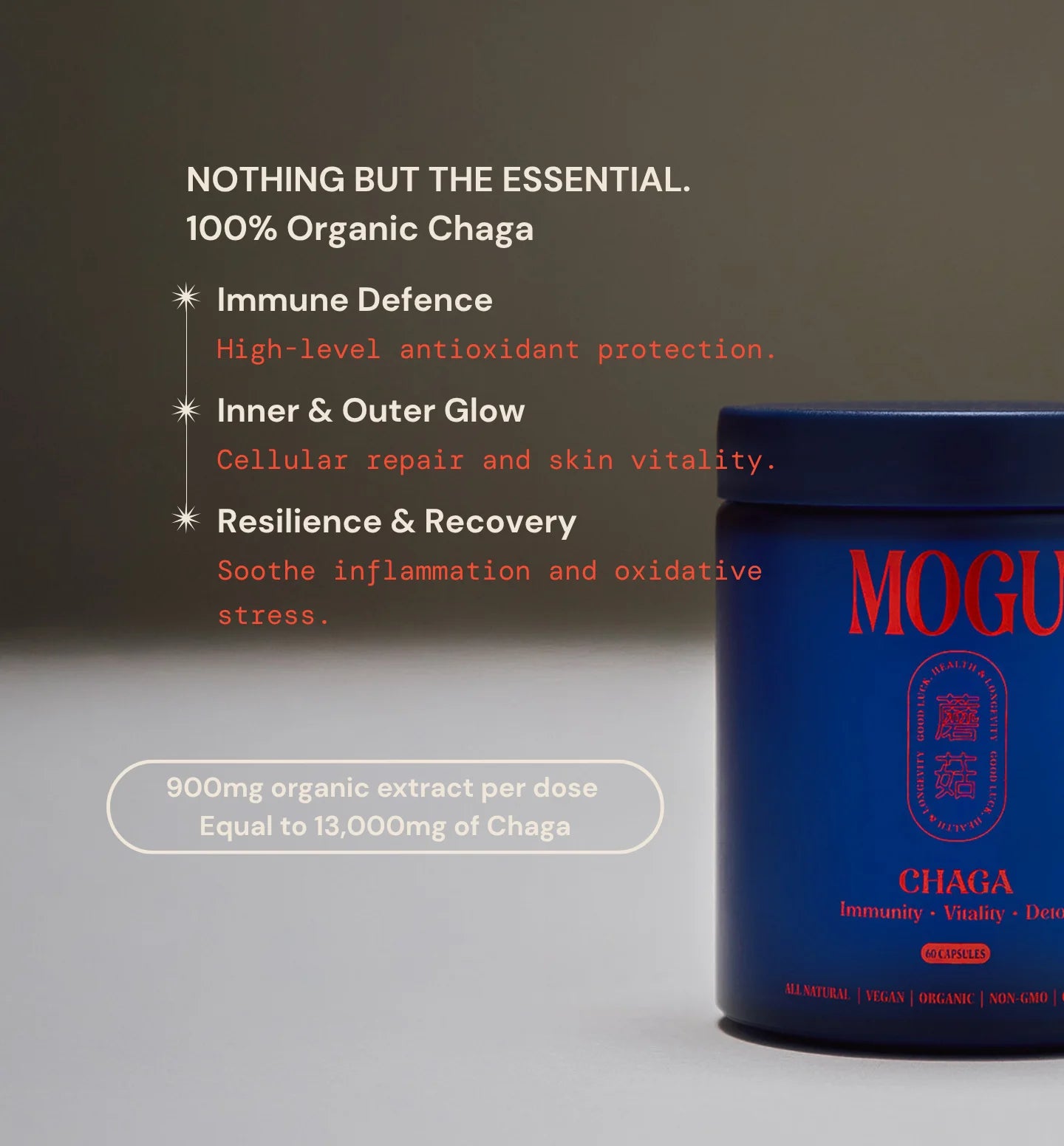 MOGU Chaga capsules blue container with information about Chaga benefits for antioxidant boost, immunity, skin, hair, nail benefits.