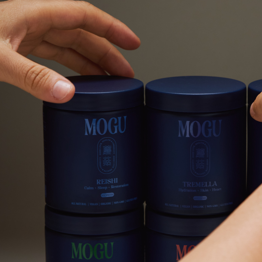 Reishi capsules bottle among blue containers labeled 'MOGU' with a hand reaching towards them on a reflective surface.