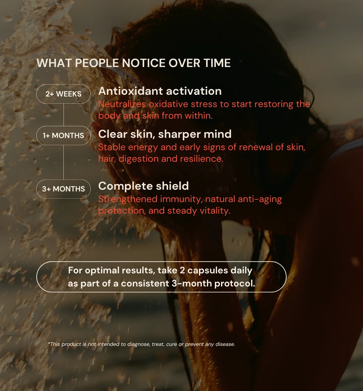 MOGU Chaga capsules blue container with information about how people would feel chaga benefits for antioxidant boost, immunity, skin, hair, nail benefits over a period of time