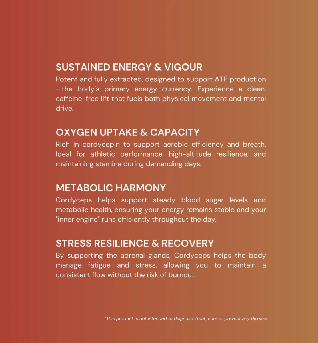 Cordyceps for sustained energy, oxygen uptake, metabolic harmony, and stress resilience.