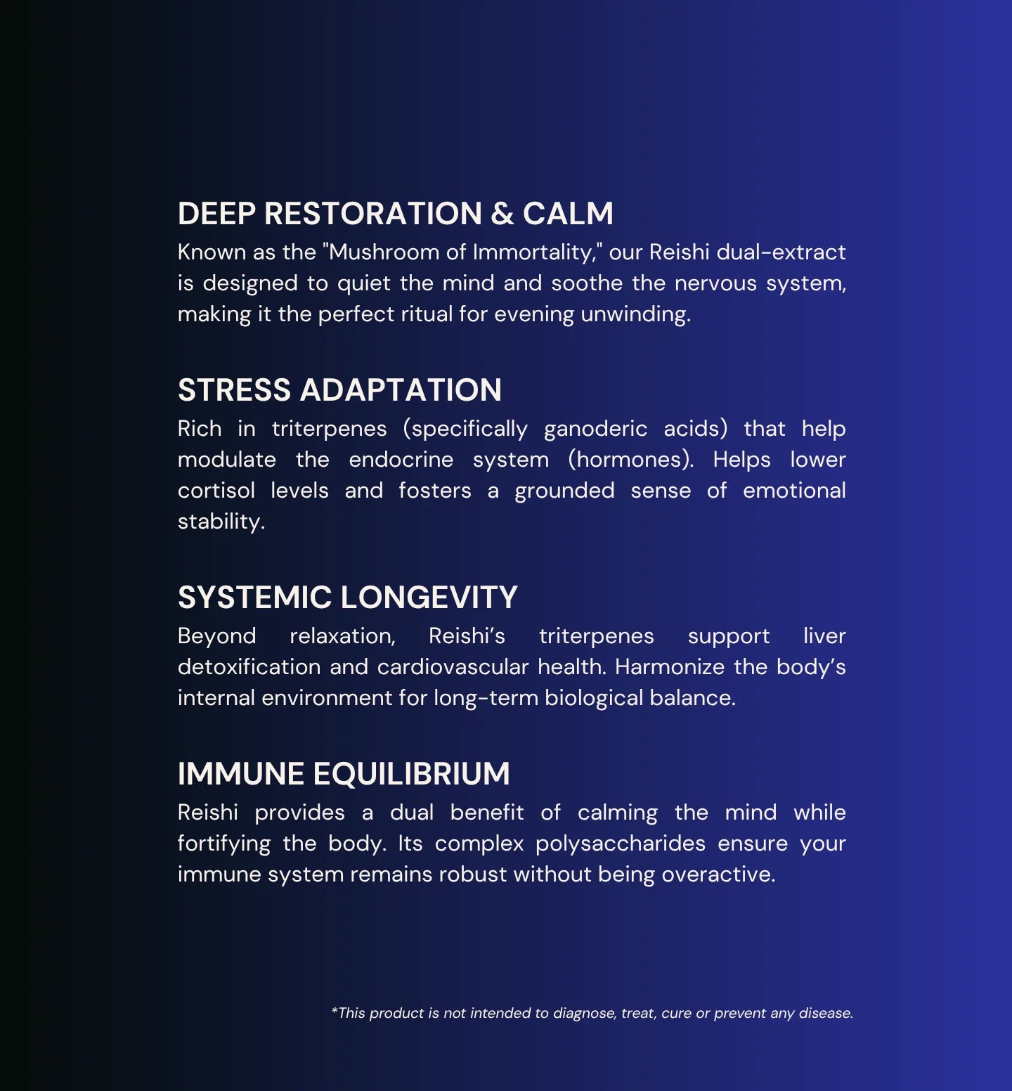 Benefits of Reishi dual-extract on a dark blue background
