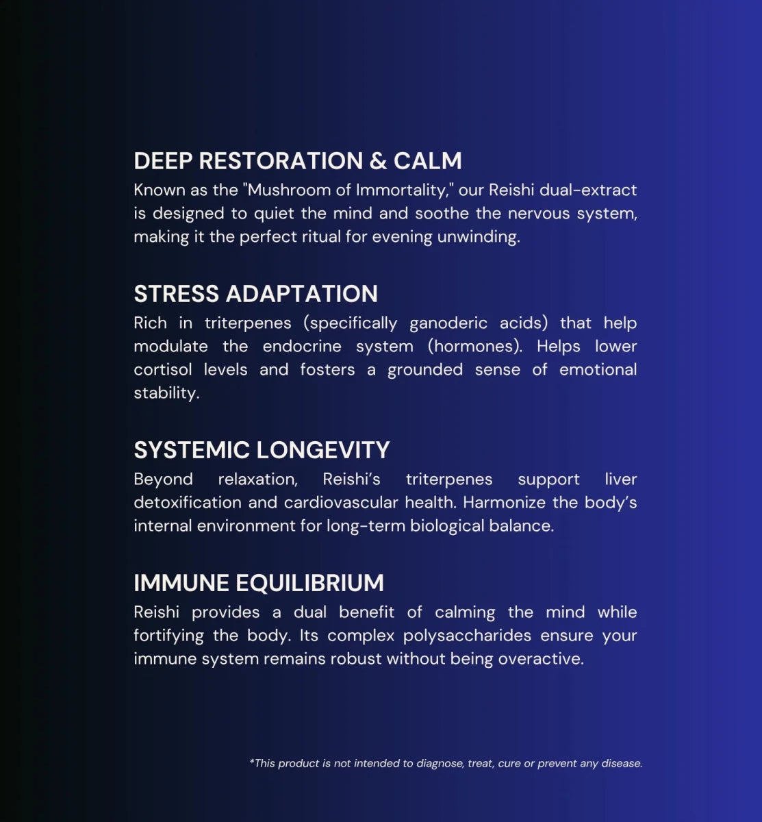 Benefits of Reishi dual-extract on a dark blue background