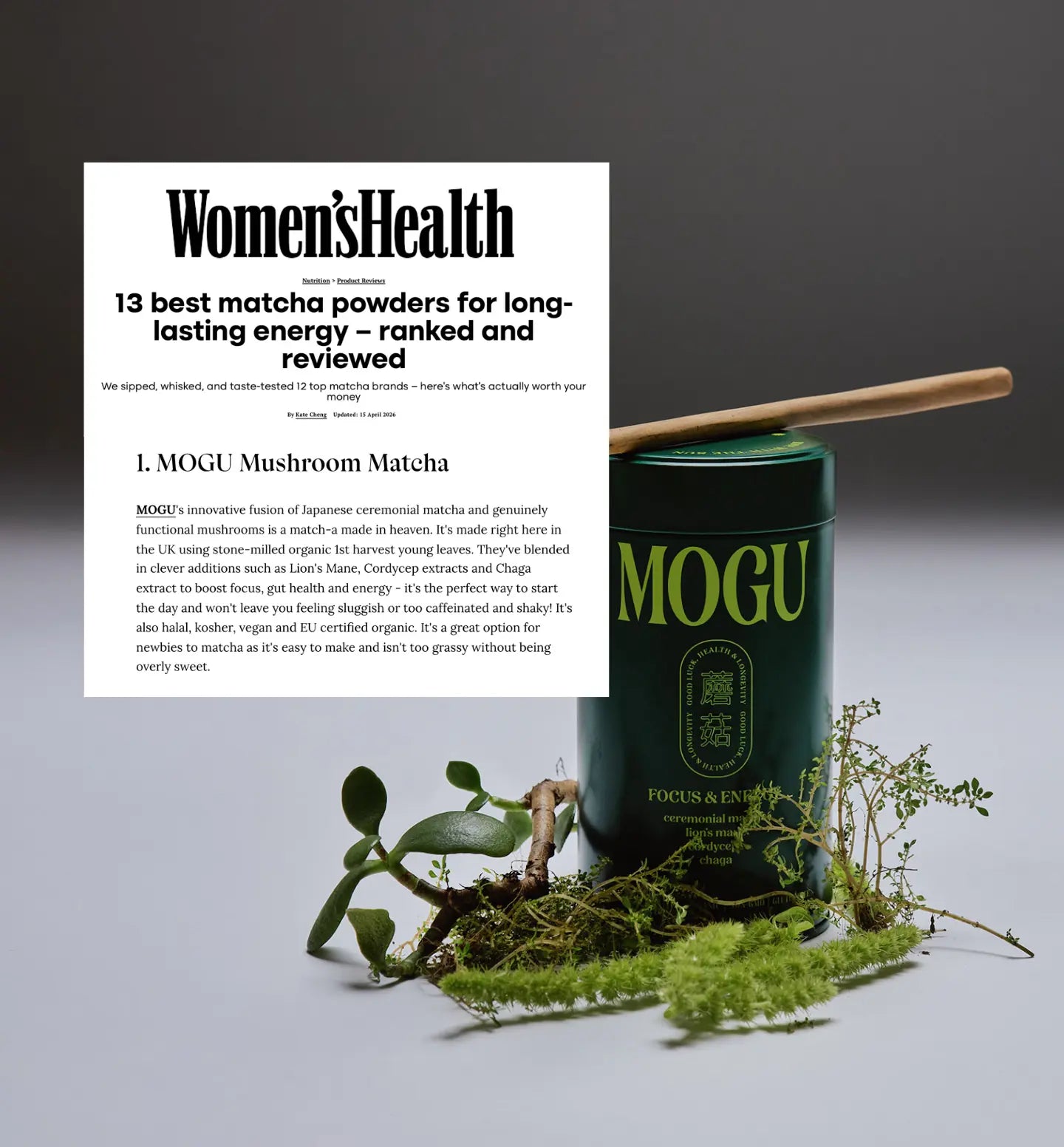 'Women's Health' rated best matcha for long lasting energy - MOGU Mushroom Matcha & packaging