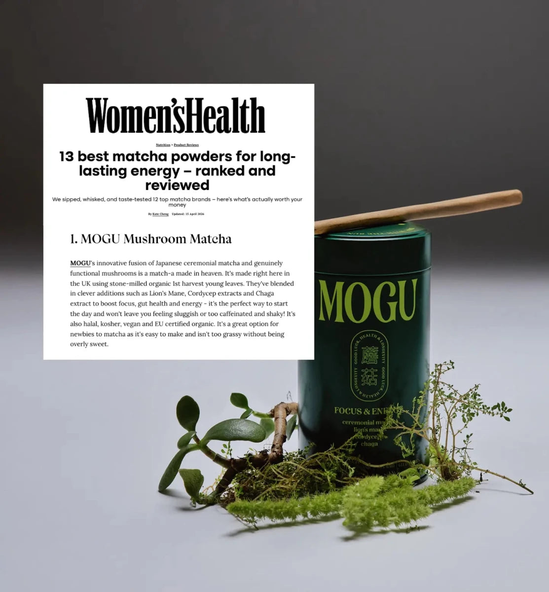 'Women's Health' rated best matcha for long lasting energy - MOGU Mushroom Matcha & packaging