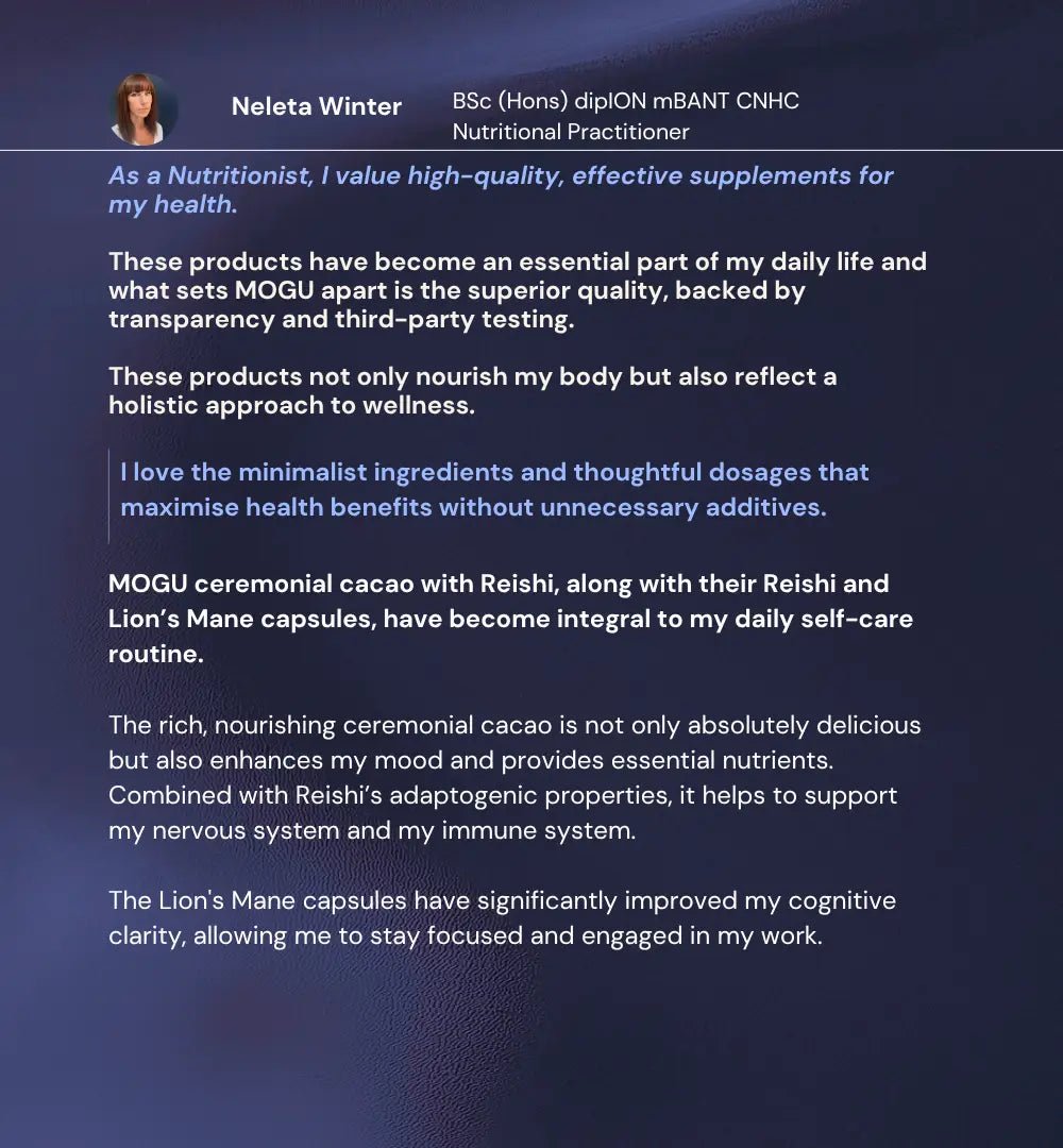 Neleta Winter testimonial for MOGU product's quality, transparency and potency