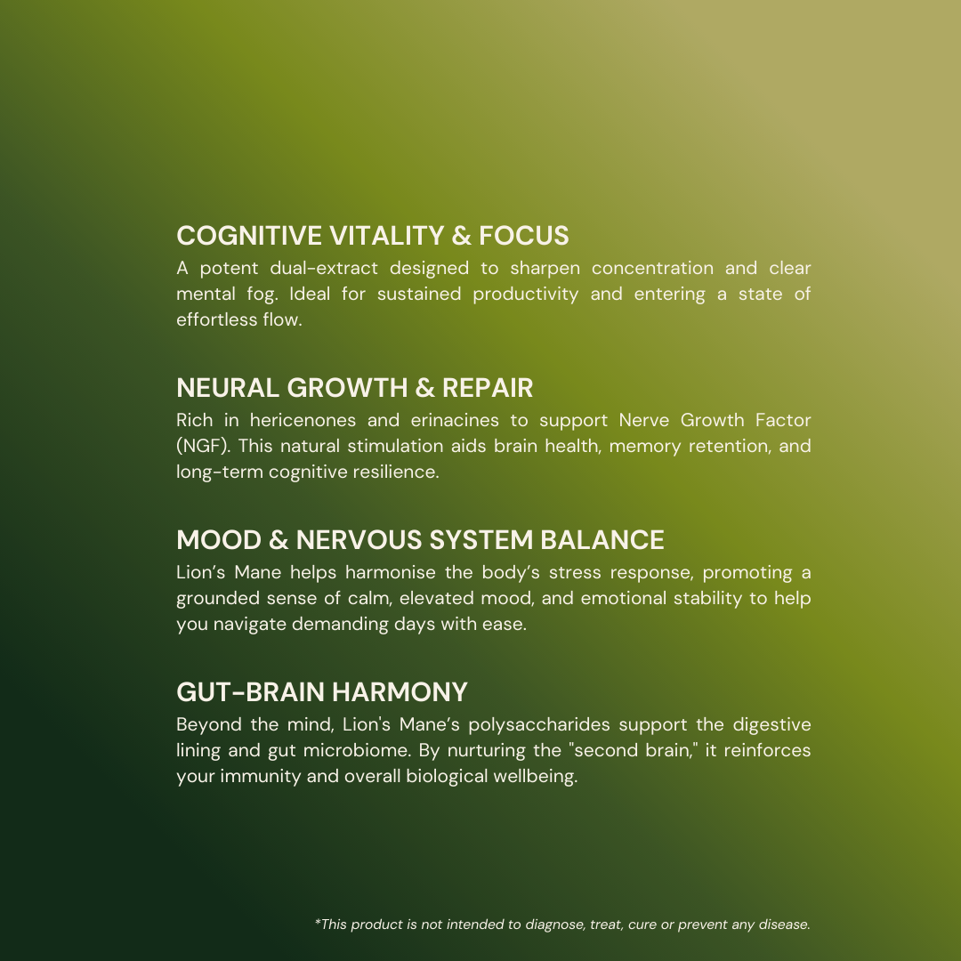 MOGU Lion's Mane benefits for mood, cognitive, brain, gut benefits on a green background