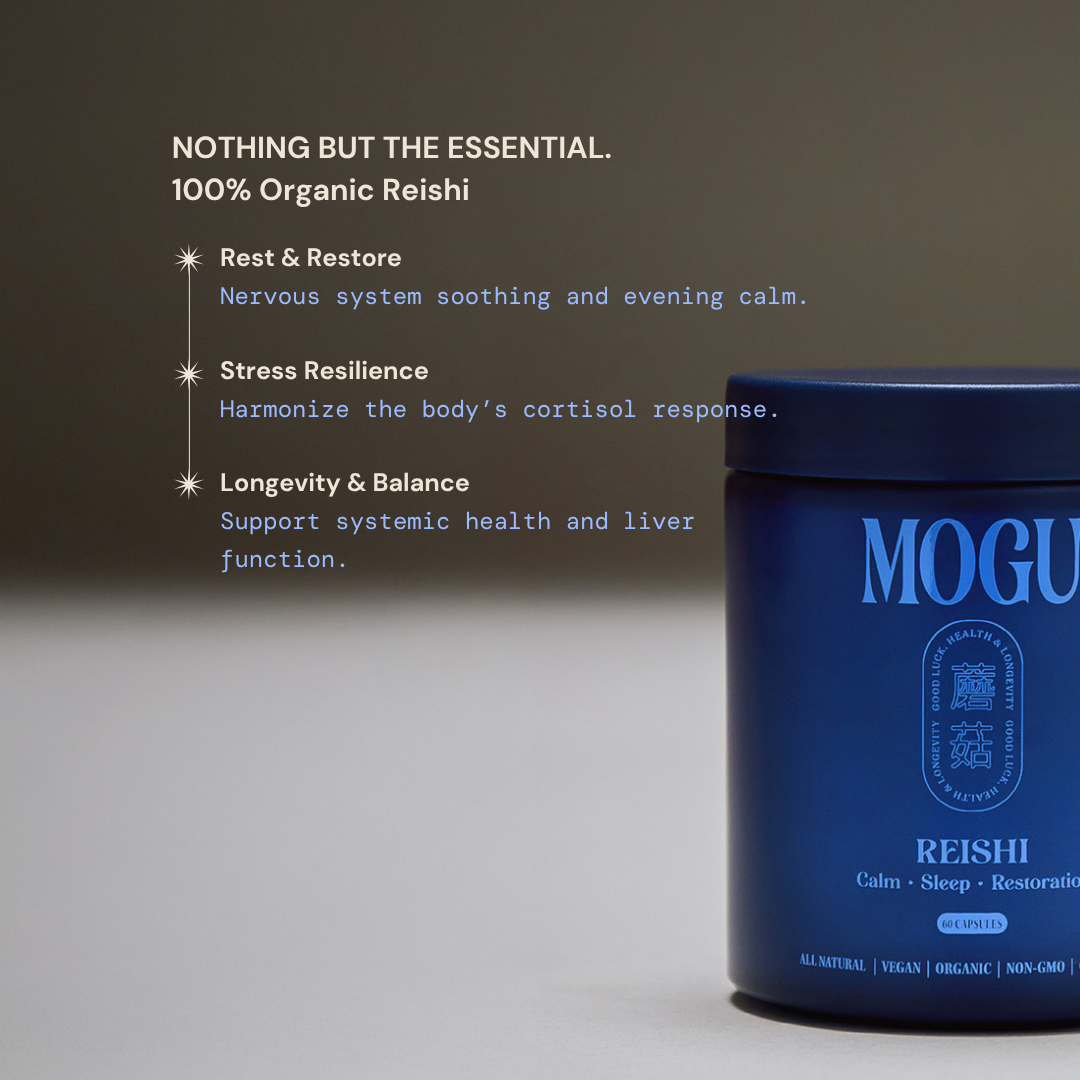 Organic Reishi Capsules for Calm, Sleep and Restoration in a blue container labeled 'MOGU' with text about reishi benefits on rest, sleep, stress adaptation and whole body balance on a dark background