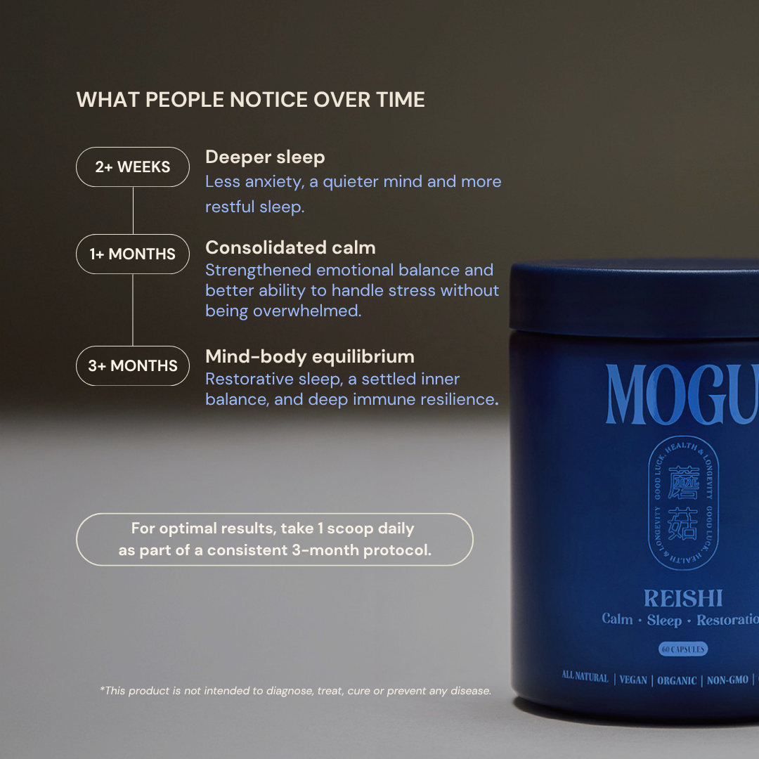 MOGU organic reishi capsules with benefits for sleep, mood, relaxation, immunity.