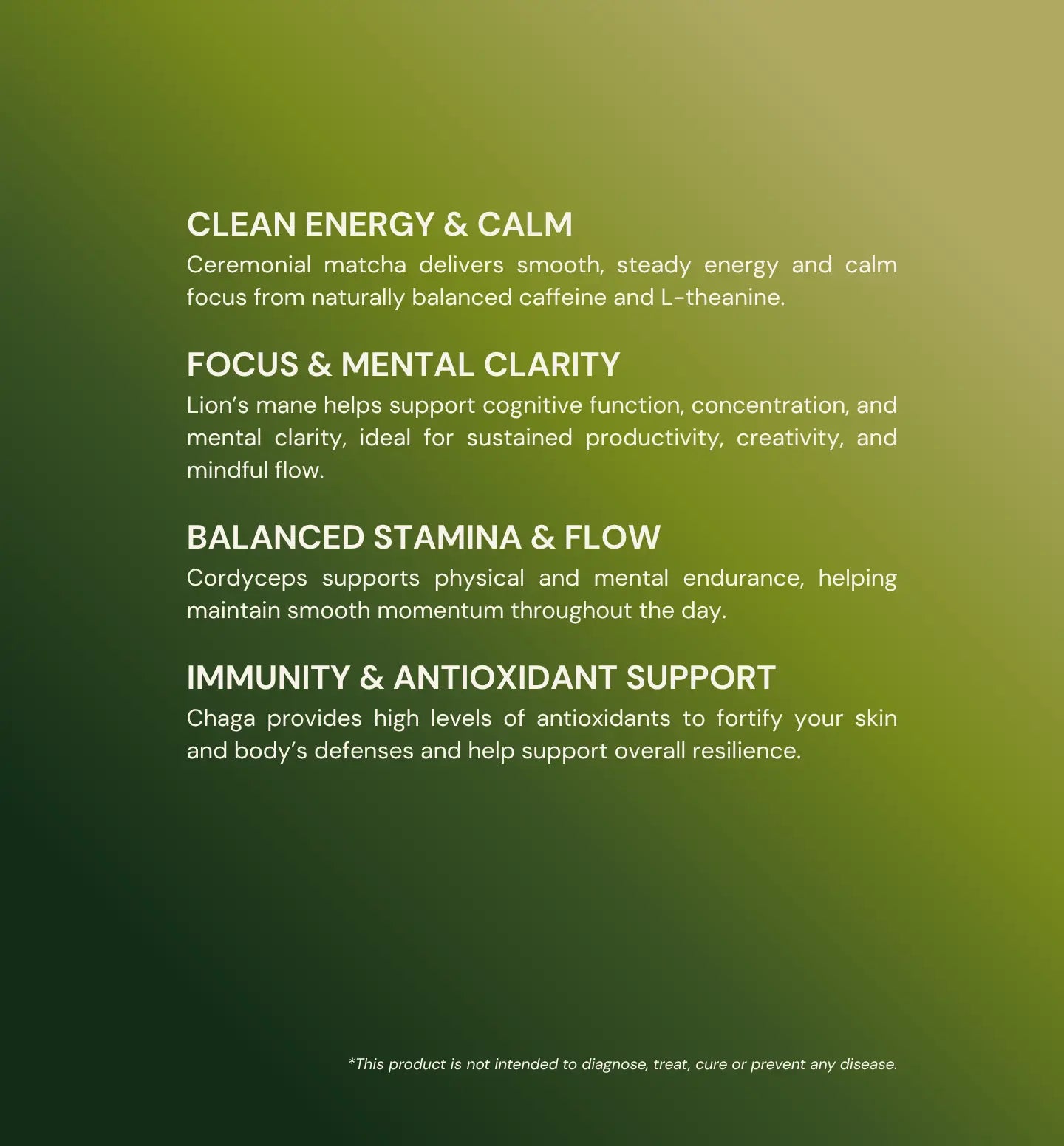 Text on a green background describing the benefits of a product for energy, focus, stamina, and immunity.