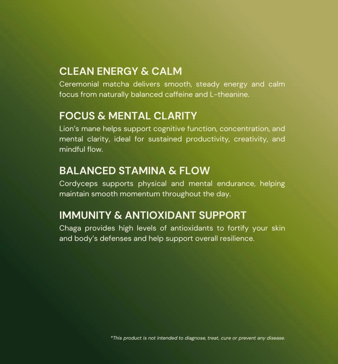 Text on a green background describing the benefits of a product for energy, focus, stamina, and immunity.