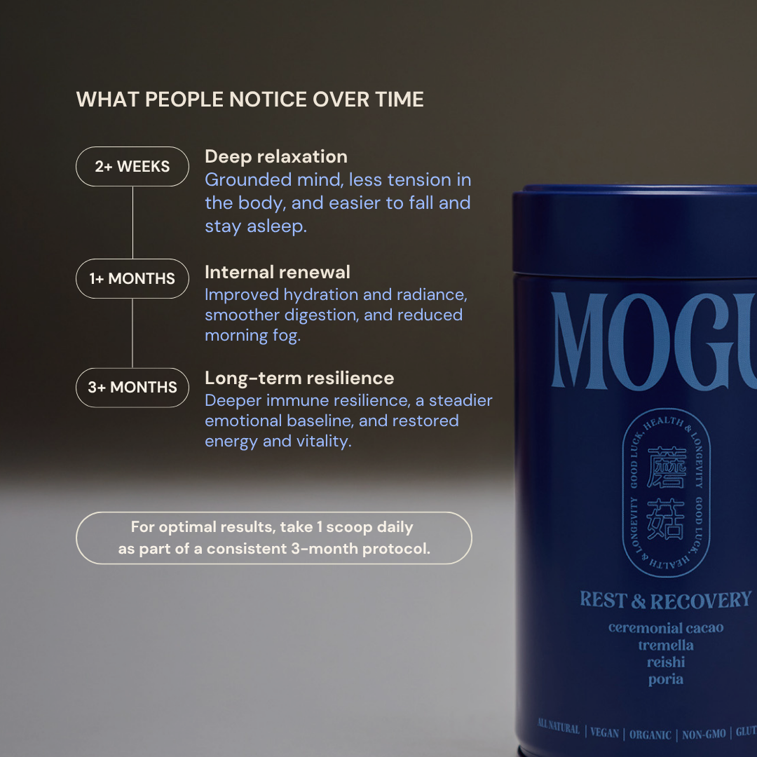 MOGU Cacao tin with benefits for relaxation, hydration, immunity and better sleep.