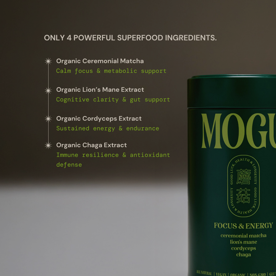 MOGU organic matcha ingredients include ceremonial matcha, Lion's Mane extract, cordyceps extract, chaga extract