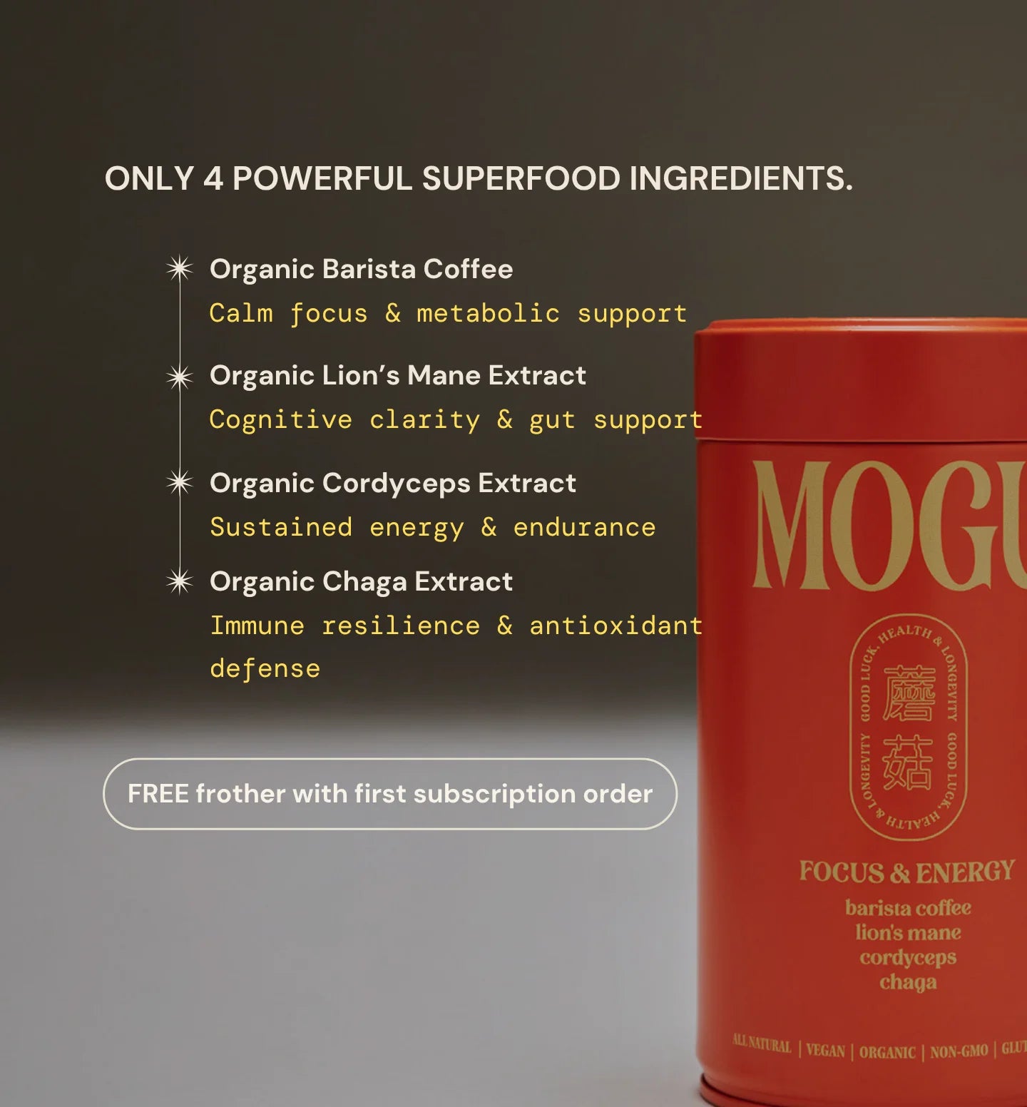 MOGU coffee container with ingredients listed as coffee, lion's mane cordyceps and chaga.
