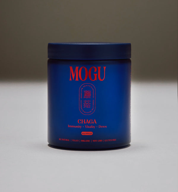 Organic reishi capsules, in a bottle container with red text on a gray background
