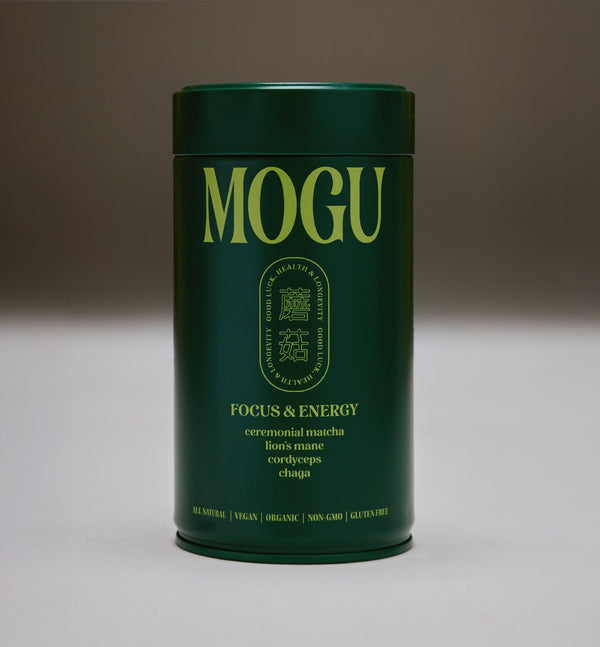 MOGU Mushroom macha in a tin. Best mushroom matcha or mushroom drink for energy, clarity and calm.