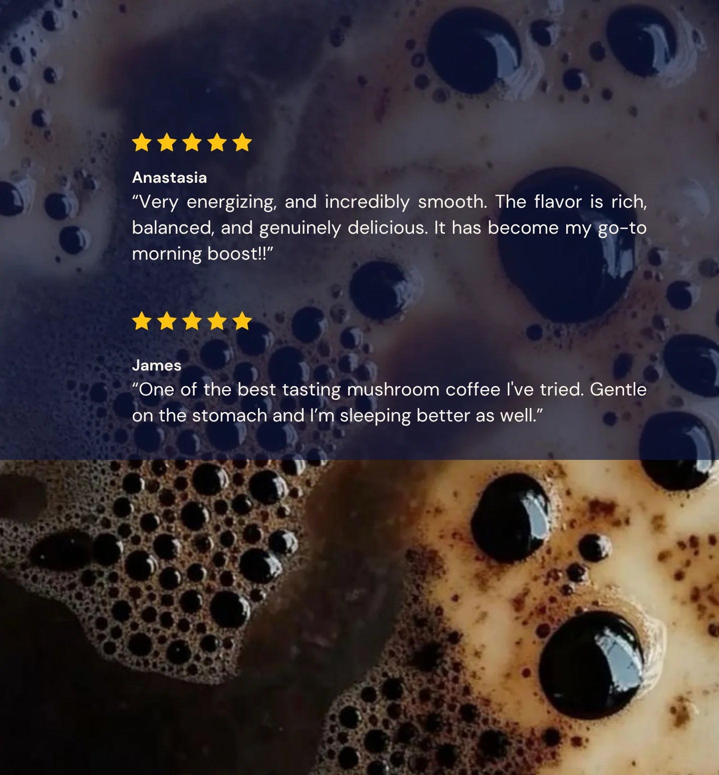 close up on MOGU coffee and customer reviews on excellent flavour, energising and gut friendly benefits.