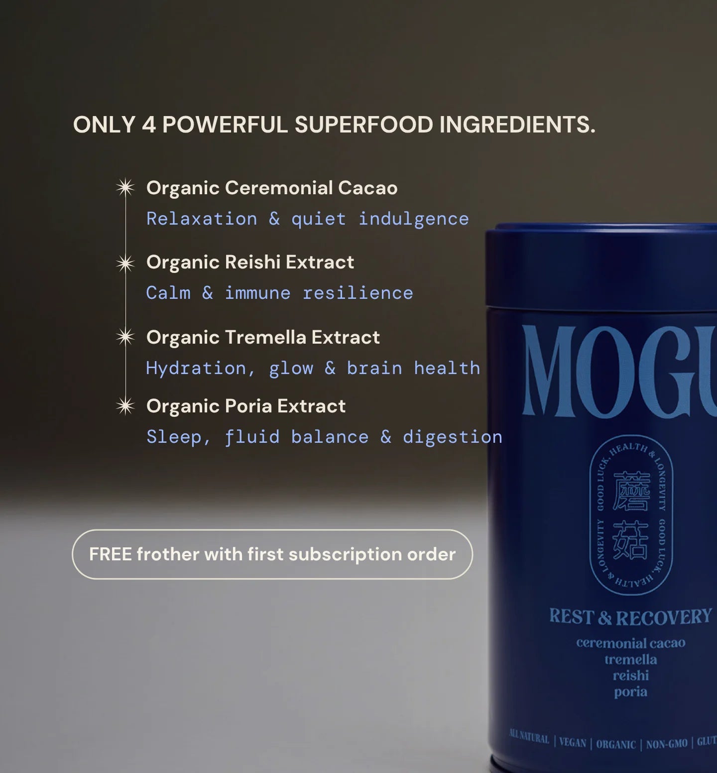 MOGU Dark Cacao benefits and ingredients by blue MOGU tin 