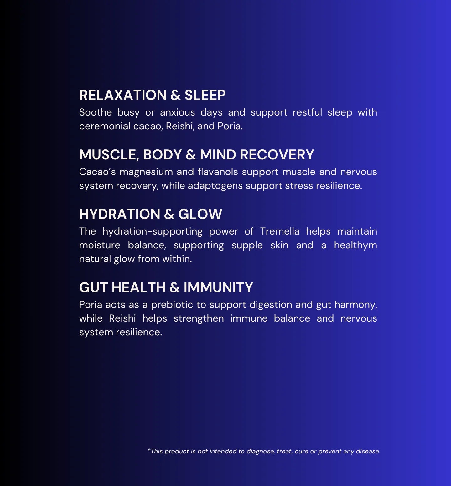 MOGU Cacao benefits of different natural products for relaxation, sleep, muscle recovery, hydration, and gut health on a blue background.