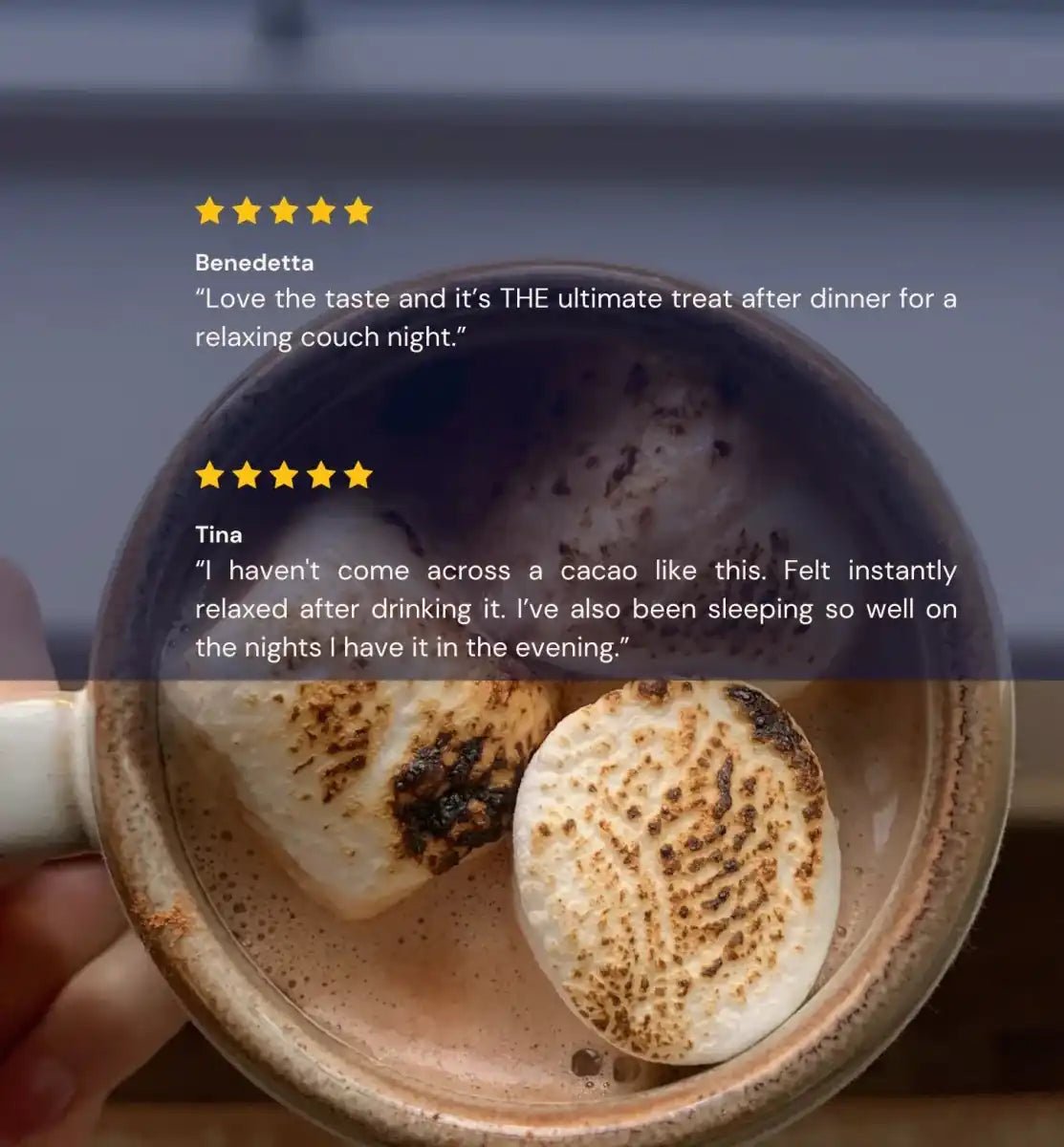 Cup of MOGU hot chocolate with marshmallows, surrounded by five-star reviews.