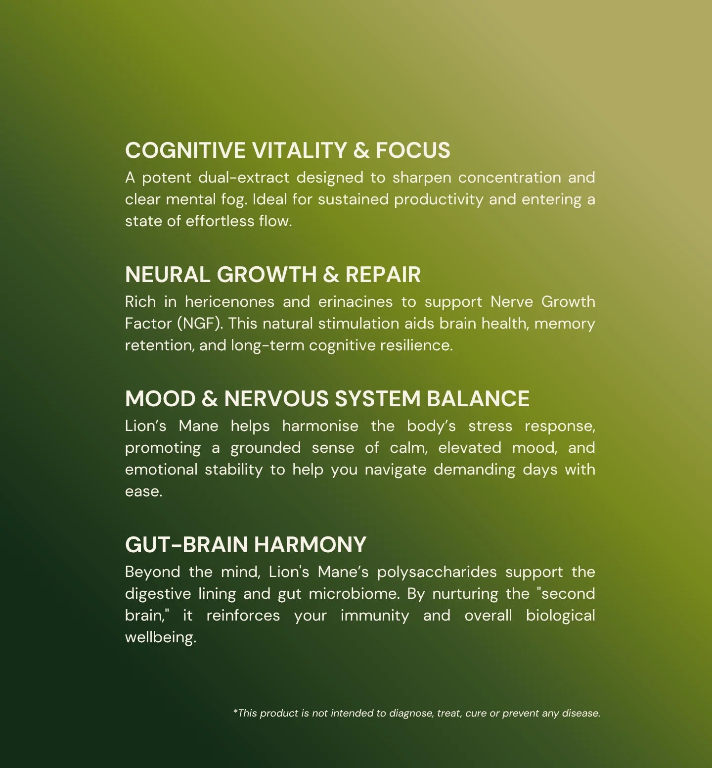 MOGU Lion's Mane benefits for mood, cognitive, brain, gut benefits on a green background