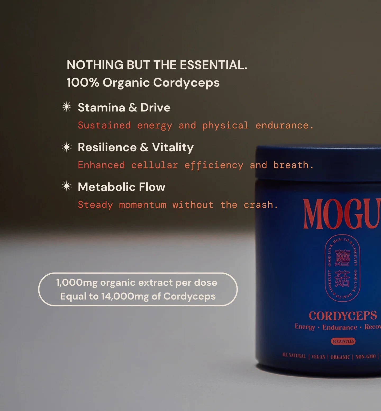 Organic Cordyceps benefits with MOGU cordyceps bottle on a dark background