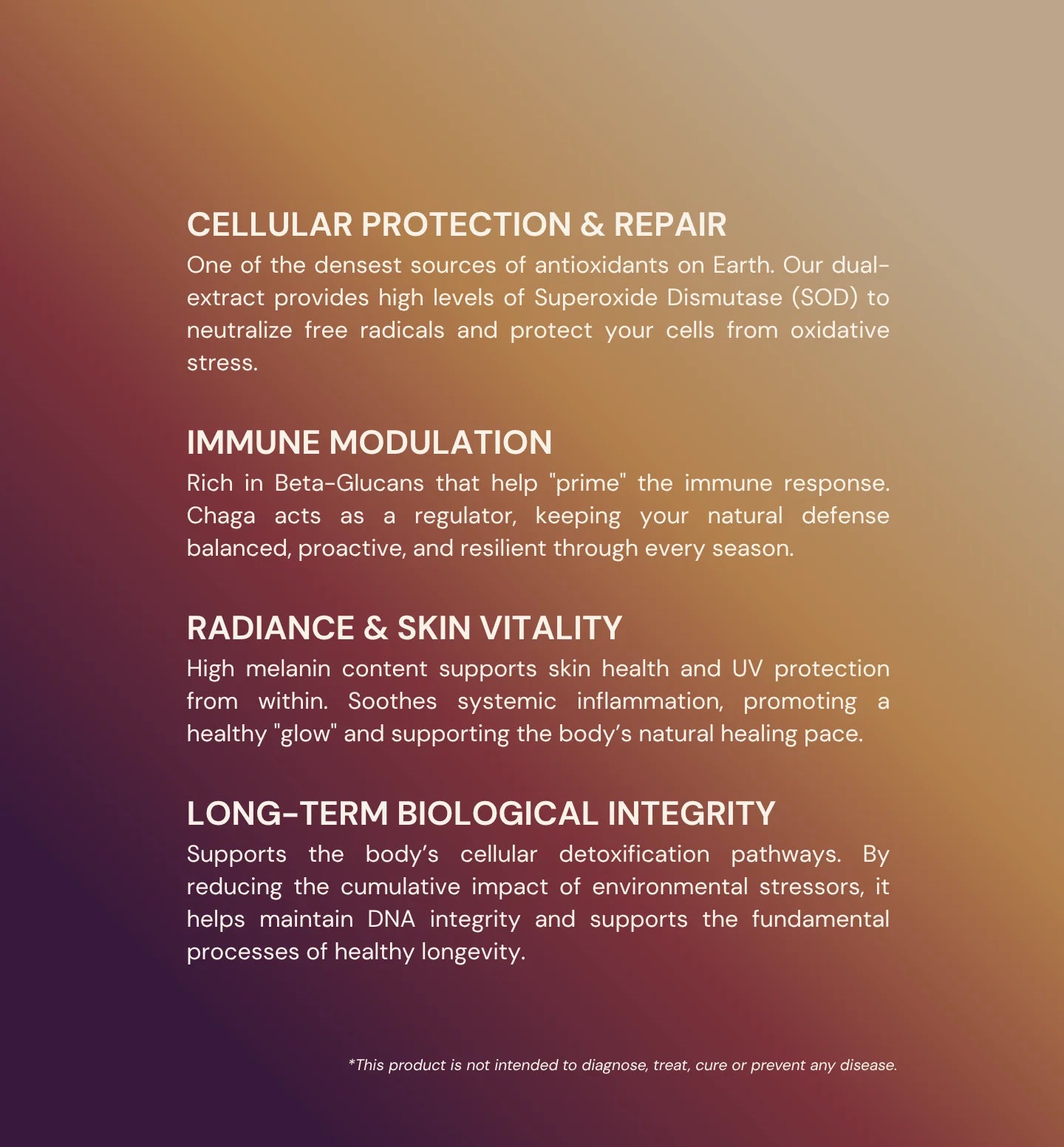 Text detailing the benefits of a natural product for cellular protection, immune modulation, radiance, skin vitality, and long-term biological integrity on a gradient background.