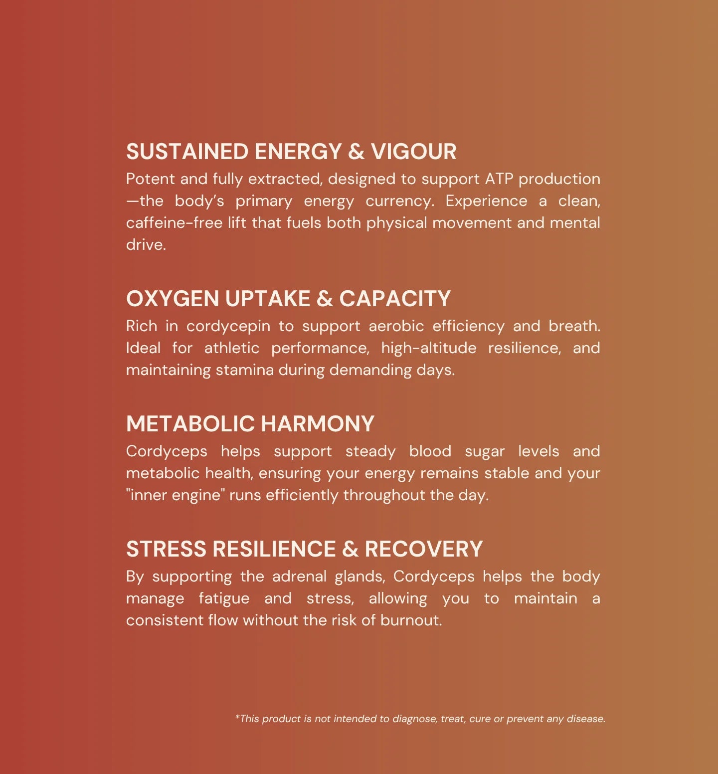 Cordyceps for sustained energy, oxygen uptake, metabolic harmony, and stress resilience.