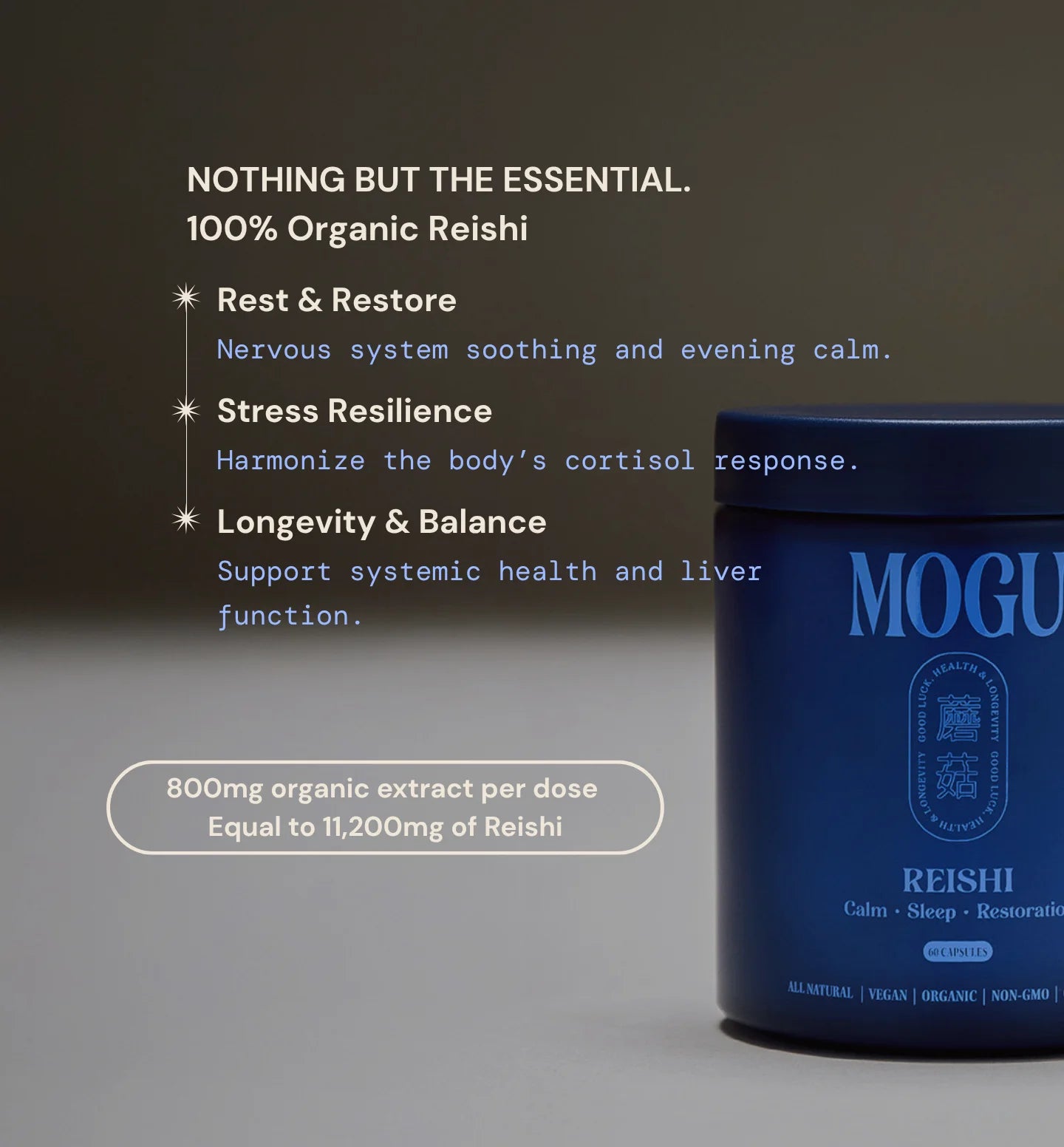 Organic Reishi Capsules for Calm, Sleep and Restoration in a blue container labeled 'MOGU' with text about reishi benefits on rest, sleep, stress adaptation and whole body balance on a dark background