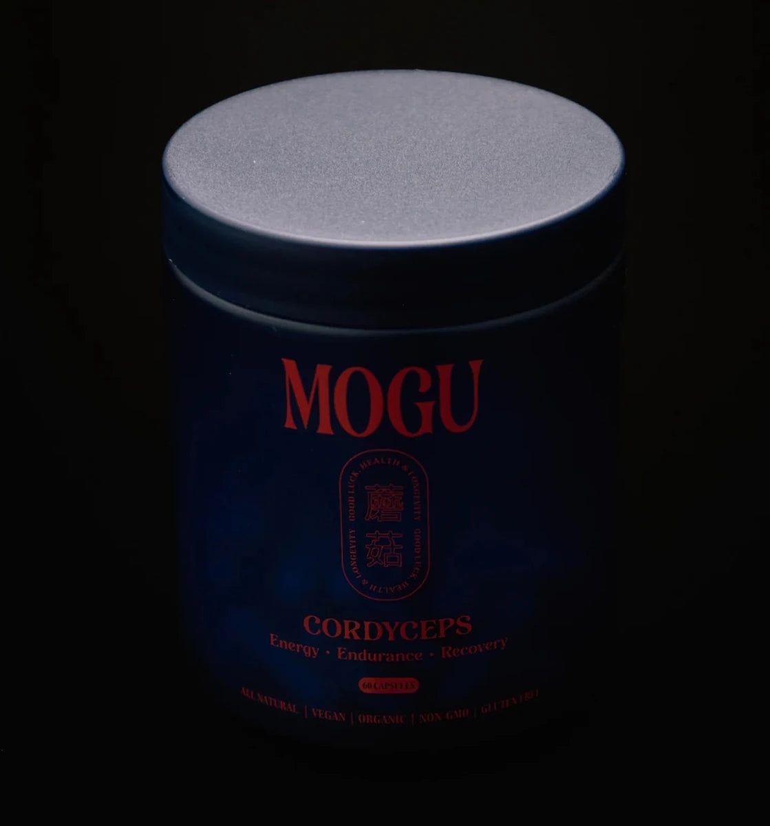 MOGU Cordyceps product packaging on a dark background