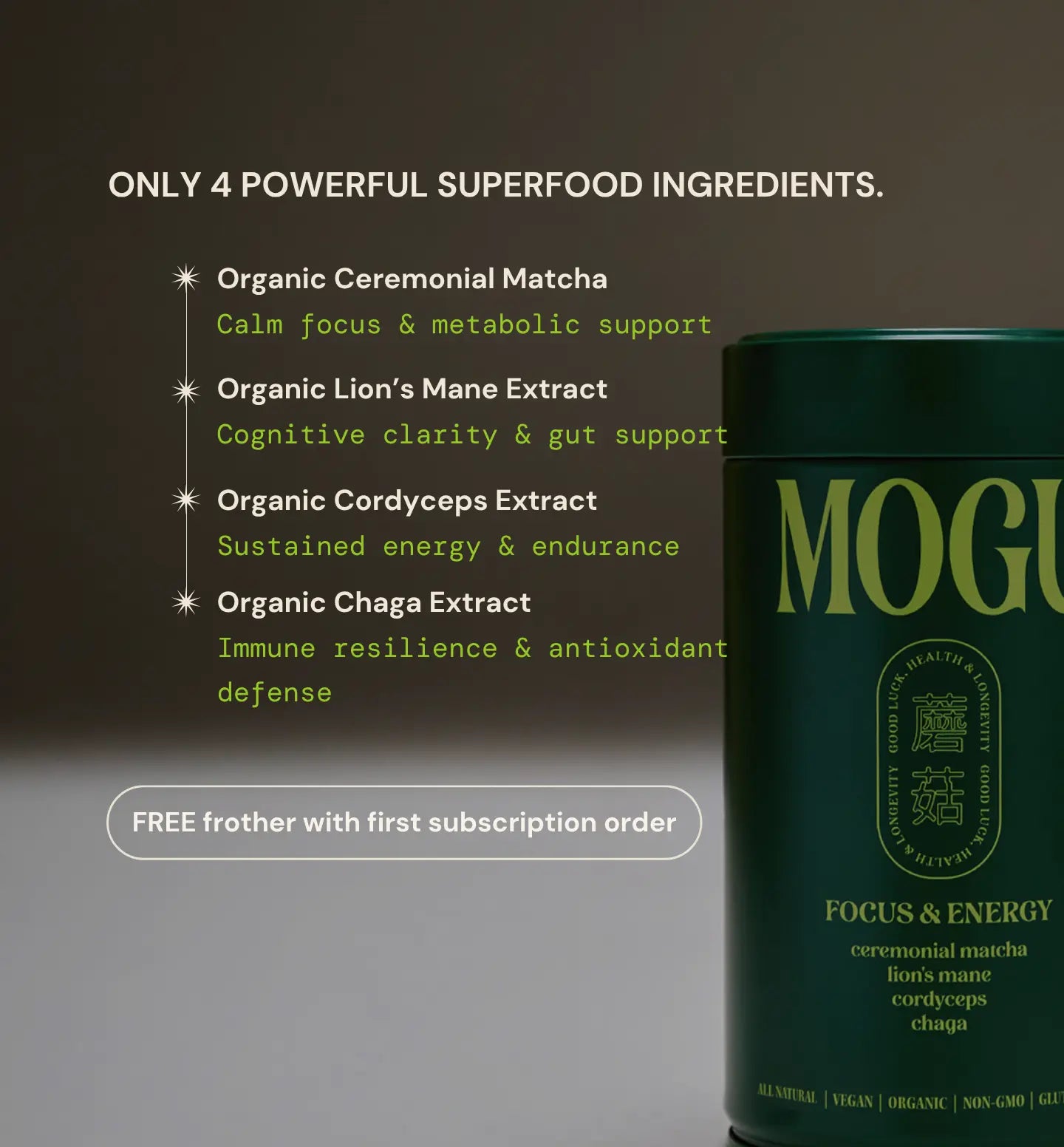 Mogu supplement container with ingredients and benefits for focus, clarity, gut, energy and immunity listed on a dark background