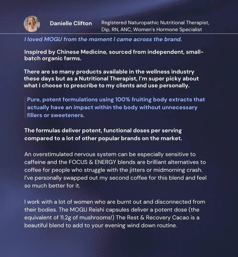 Danielle Clifton testimonial for MOGU product's quality, transparency and potency