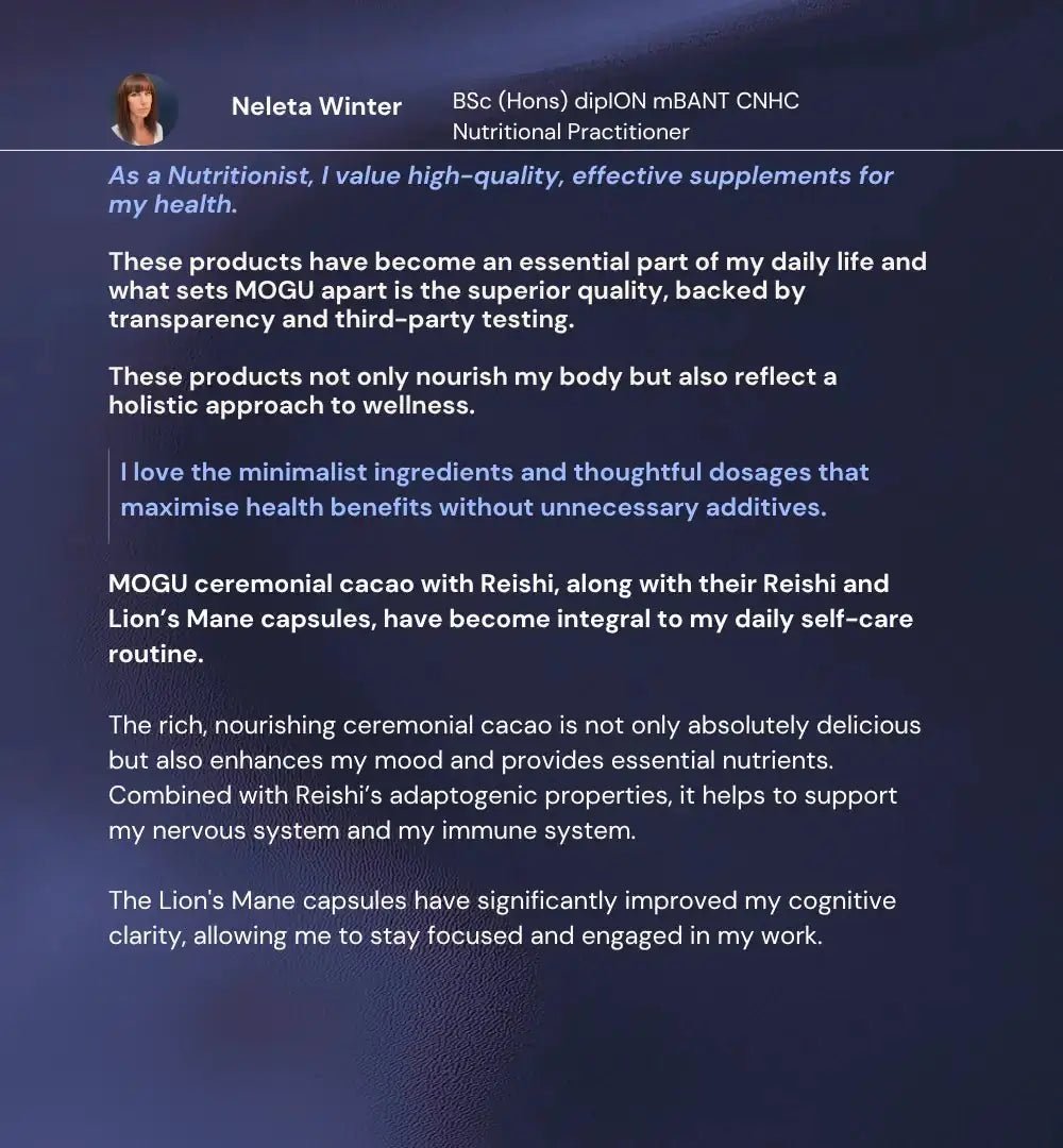 Neleta Winter testimonial for MOGU product's quality, transparency and potency
