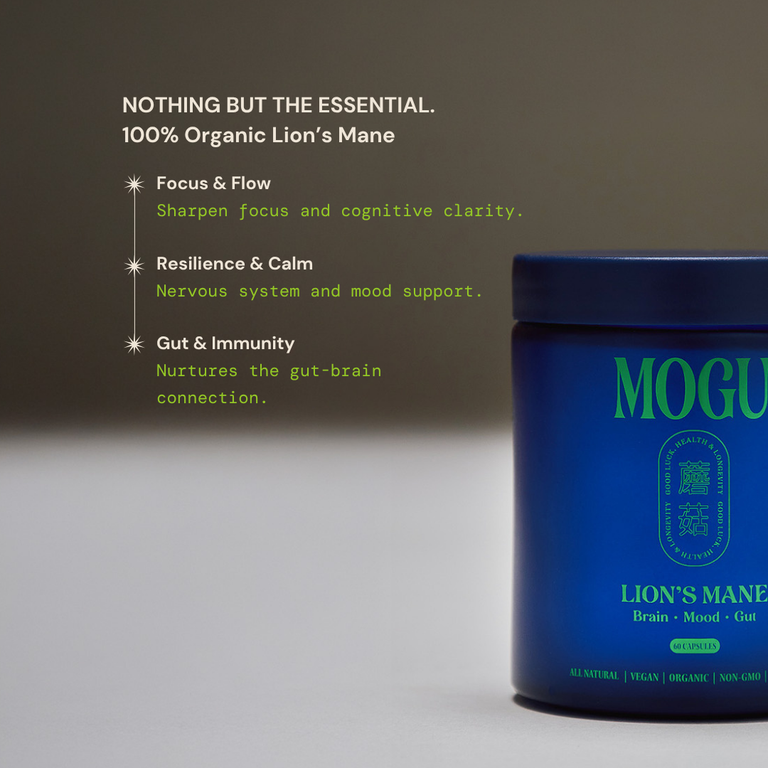 MOGU Lion's Mane capsules in blue container with text on a gray background