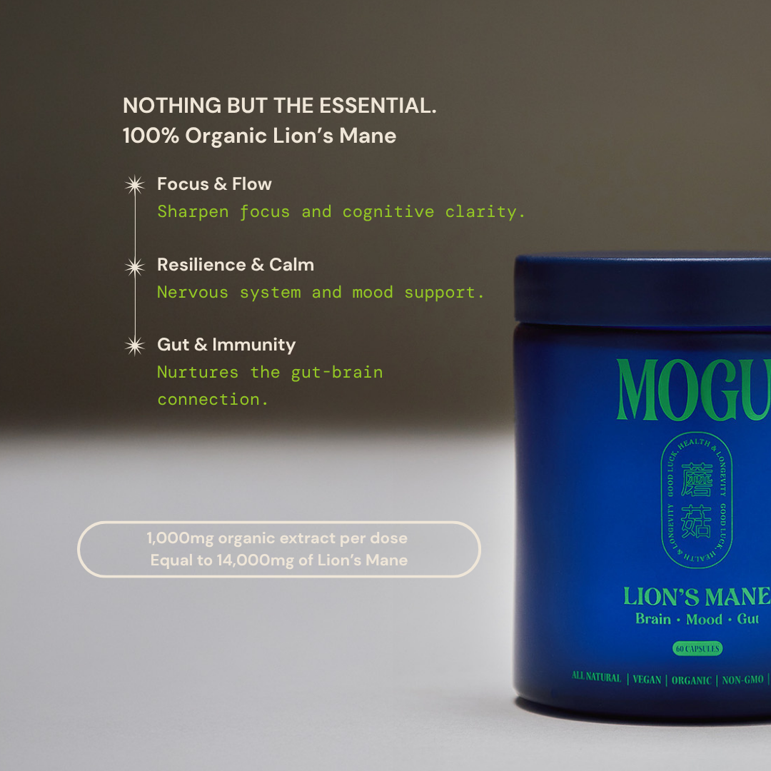 MOGU Lion's Mane capsules in blue container with text on a gray background