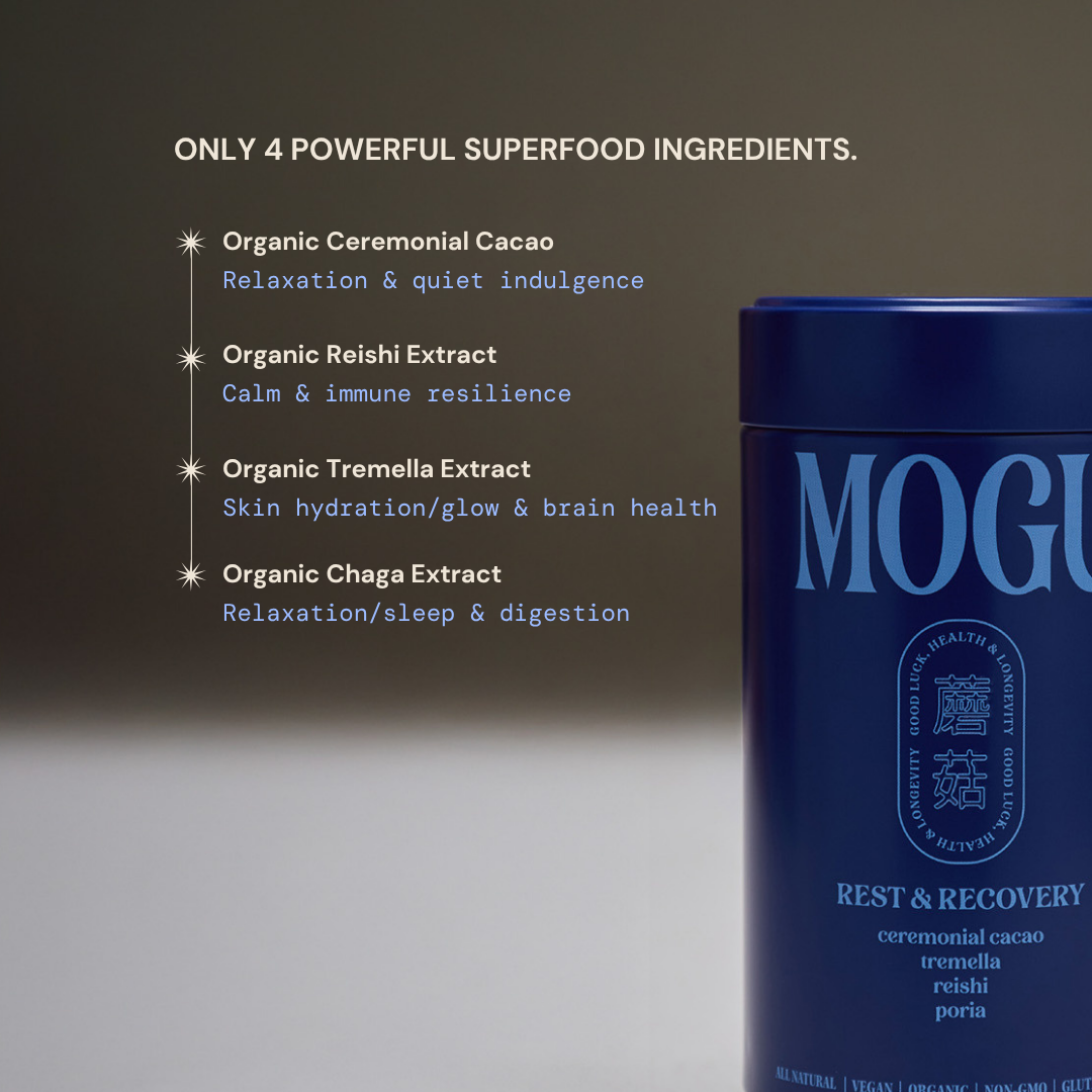 MOGU Dark Cacao benefits and ingredients by blue MOGU tin 