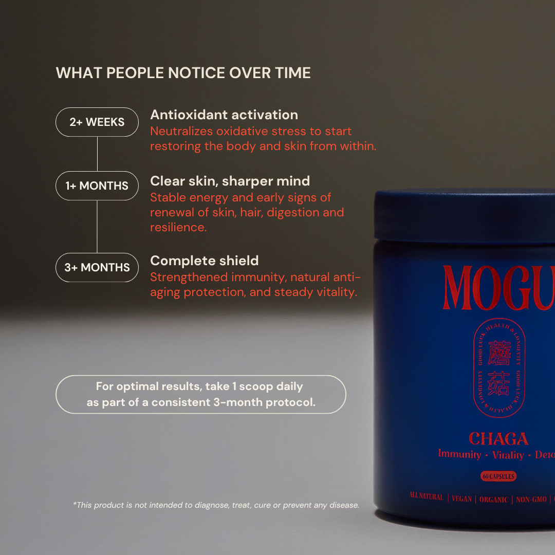 MOGU Chaga capsules blue container with information about how people would feel chaga benefits for antioxidant boost, immunity, skin, hair, nail benefits over a period of time