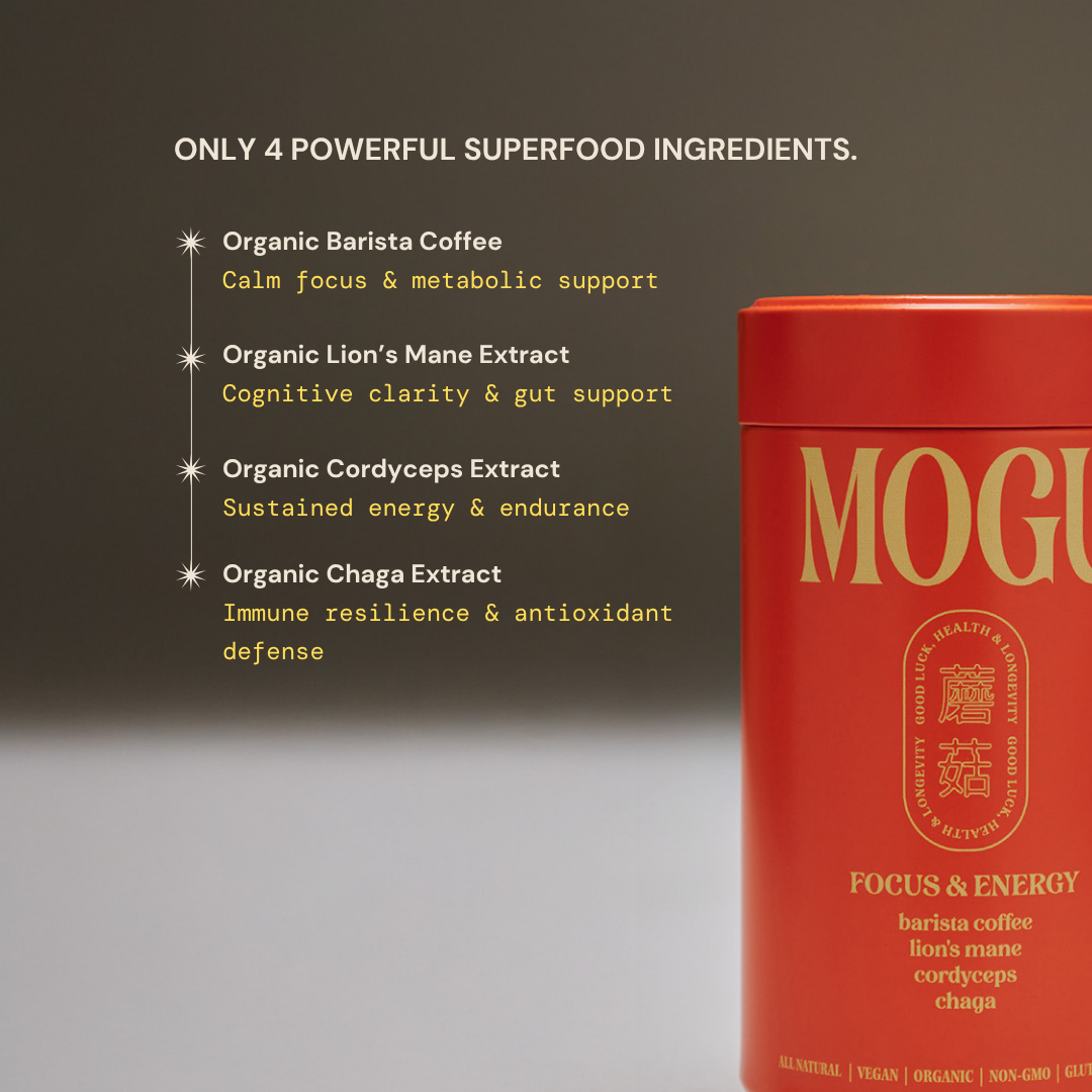 MOGU coffee container with ingredients listed as coffee, lion's mane cordyceps and chaga.