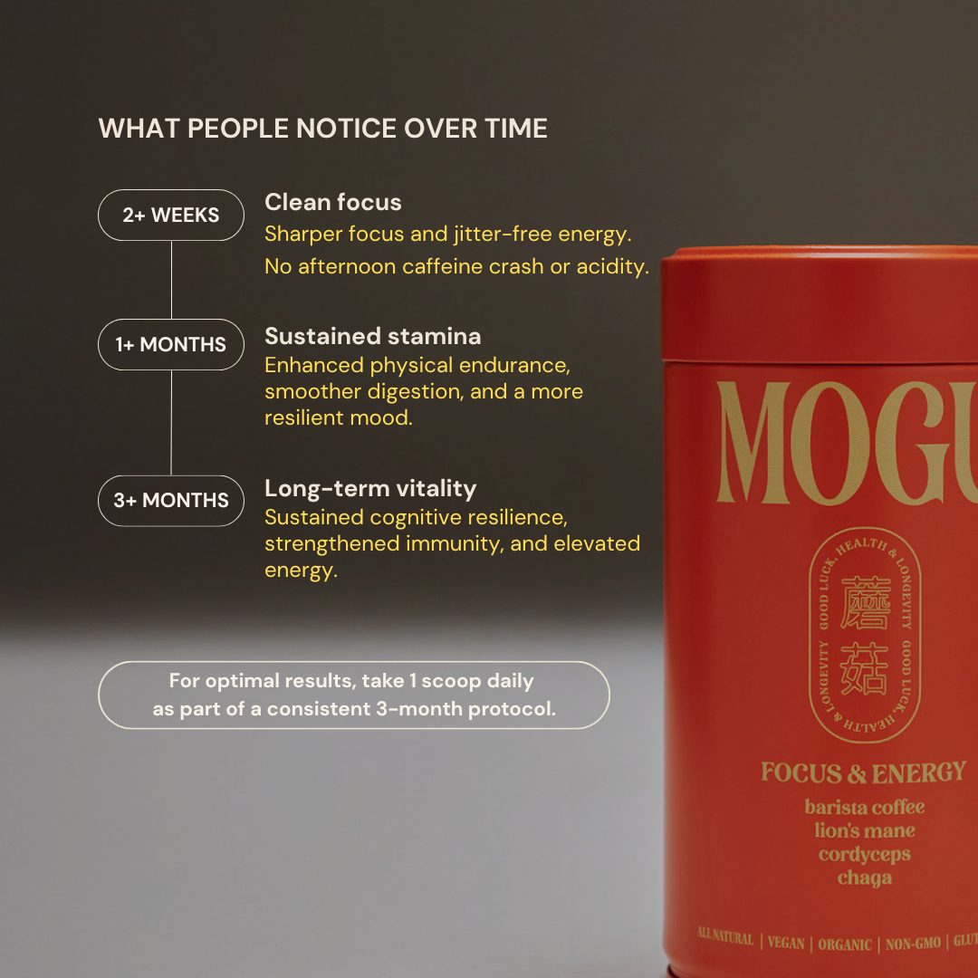 MOGU coffee container with benefits for focus, energy, longer term resilience, immunity and vitality