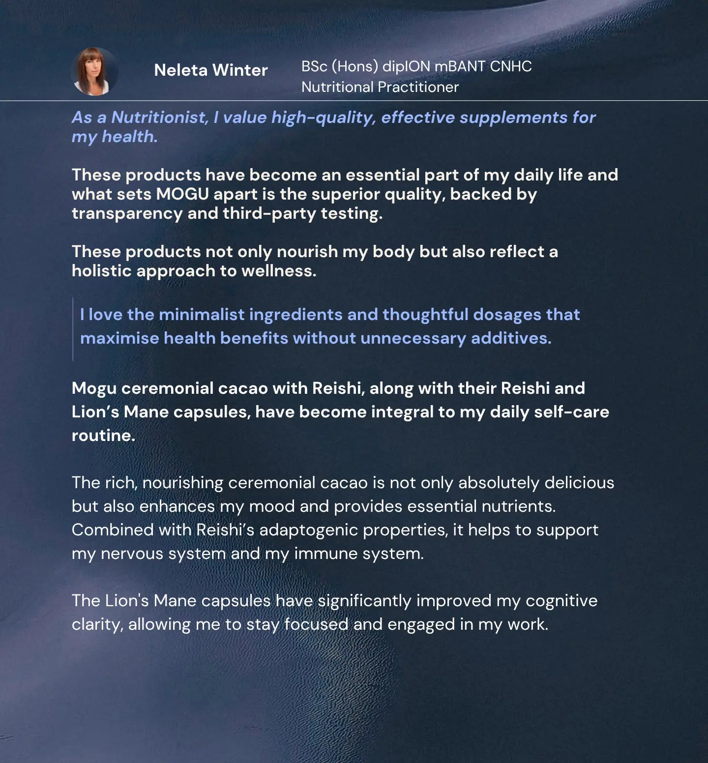 Neleta Winter testimonial for MOGU product's quality, transparency and potency