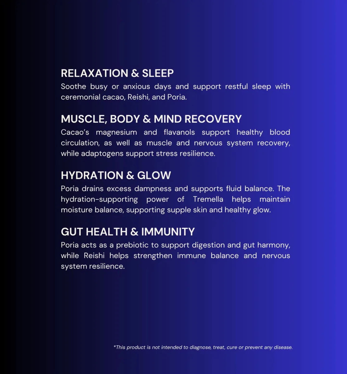 MOGU Cacao benefits of different natural products for circulation, relaxation, sleep, muscle recovery, hydration, fluid drainage and gut health on a blue background.