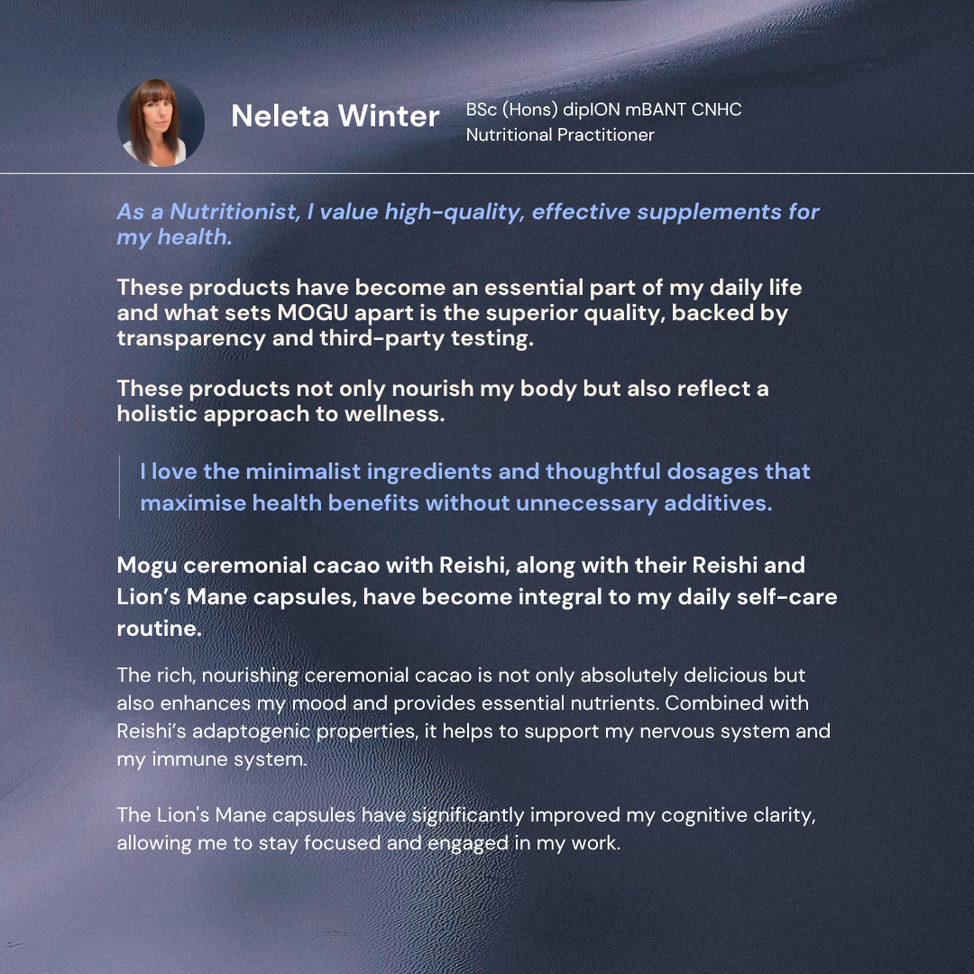 Neleta Winter testimonial for MOGU product's quality, transparency and potency