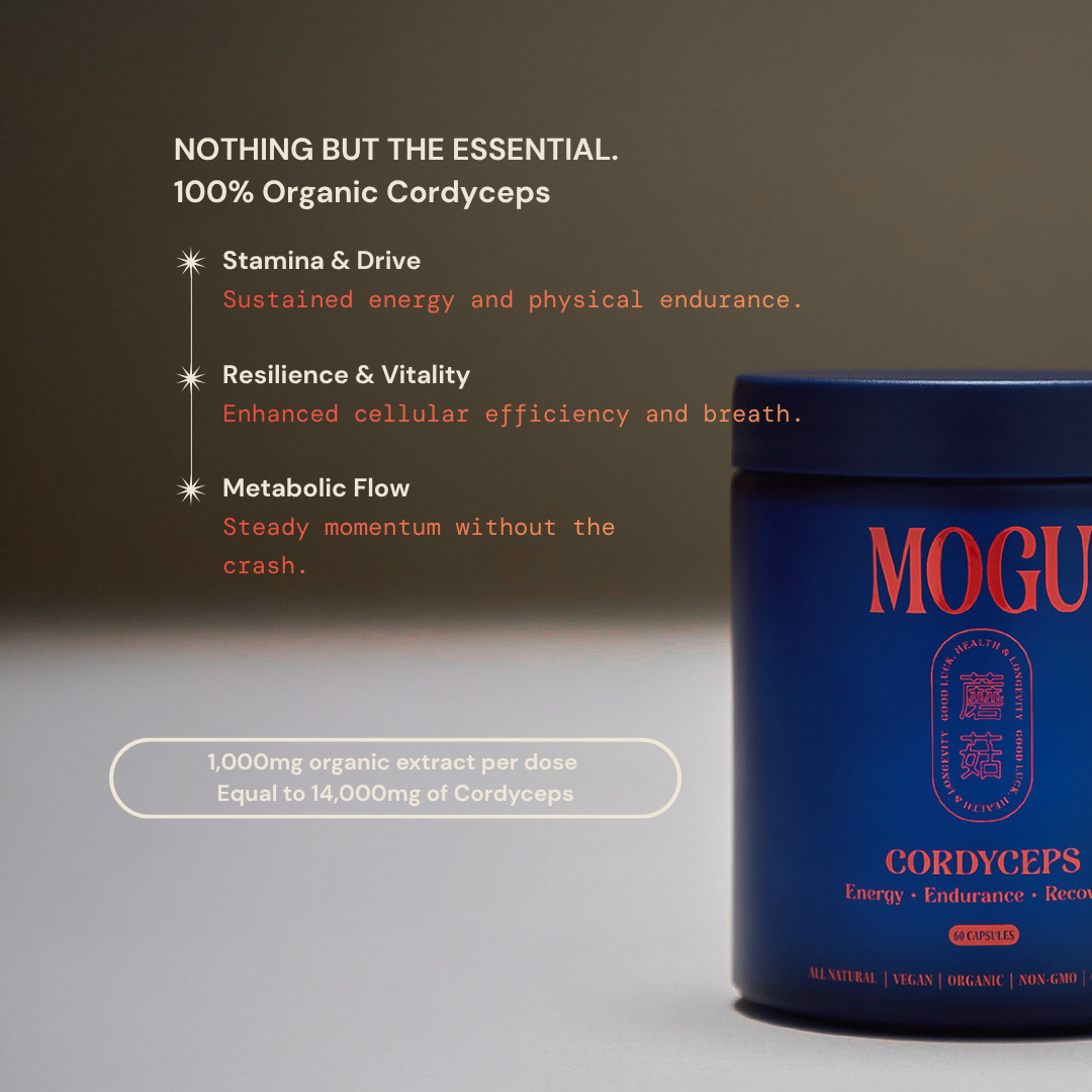Organic Cordyceps benefits with MOGU cordyceps bottle on a dark background