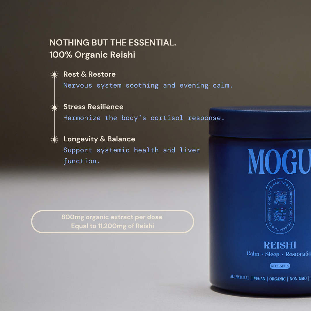 Organic Reishi Capsules for Calm, Sleep and Restoration in a blue container labeled 'MOGU' with text about reishi benefits on rest, sleep, stress adaptation and whole body balance on a dark background