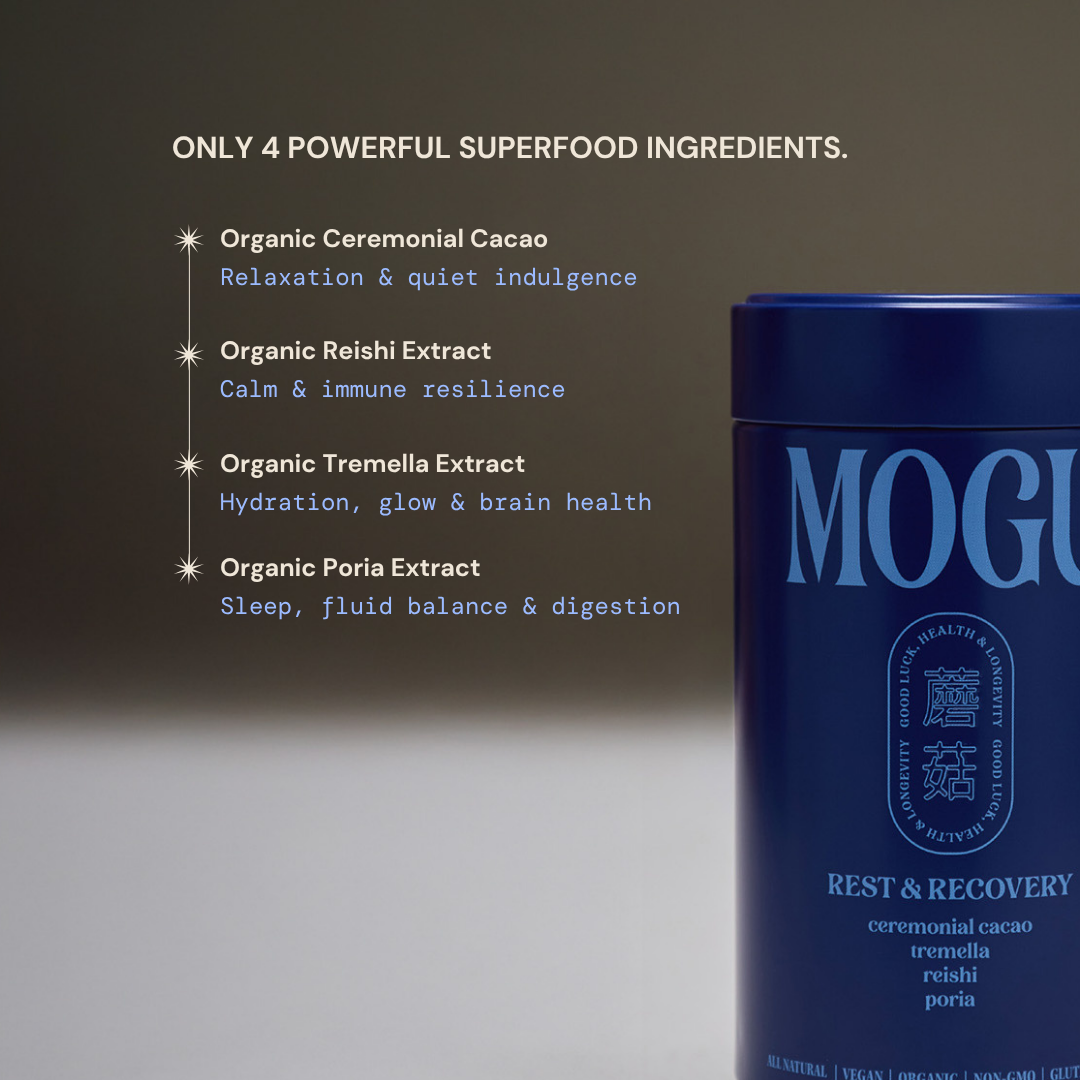 MOGU Dark Cacao benefits and ingredients by blue MOGU tin 