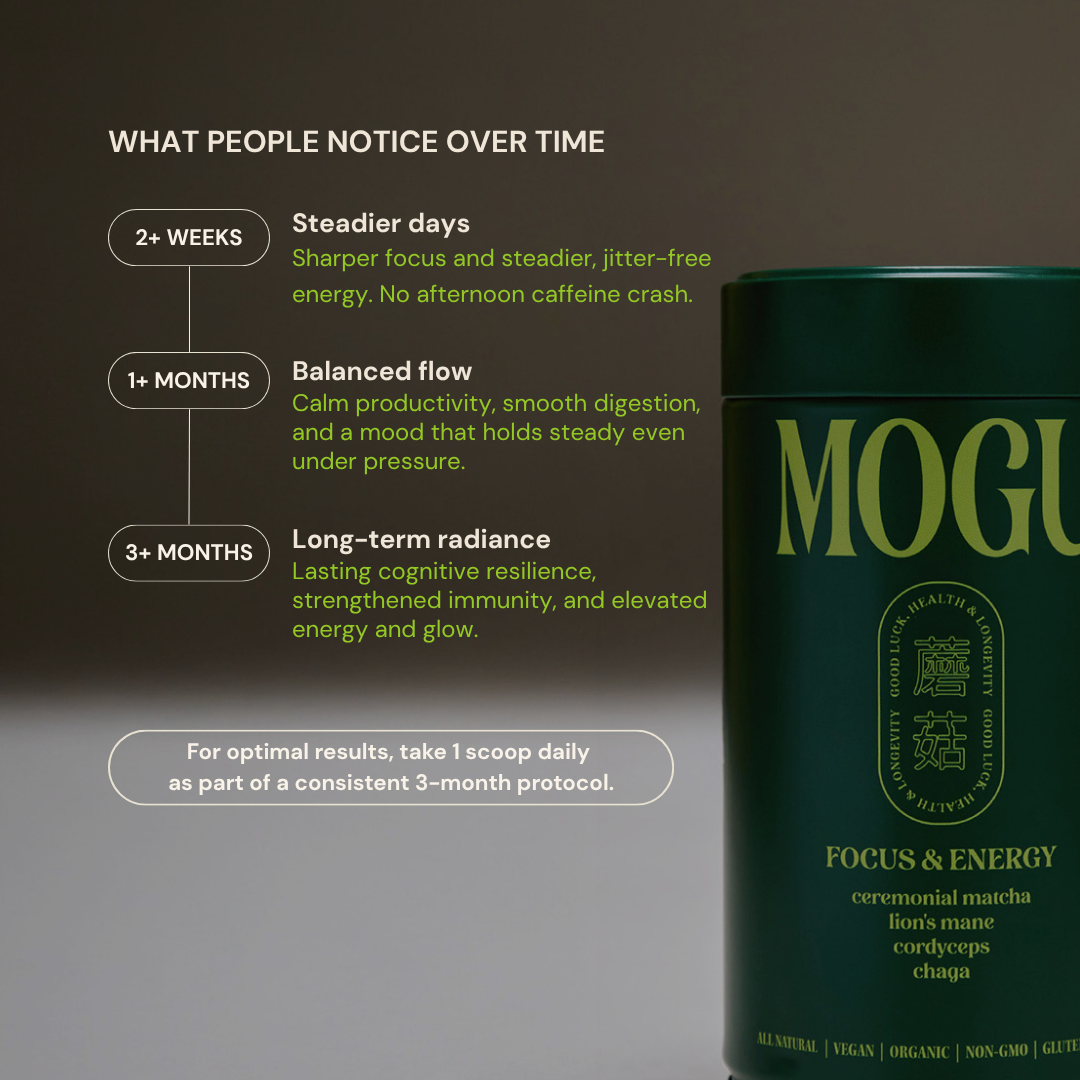Green MOGU matcha with benefits for focus, energy, cognitive performance, immunity.